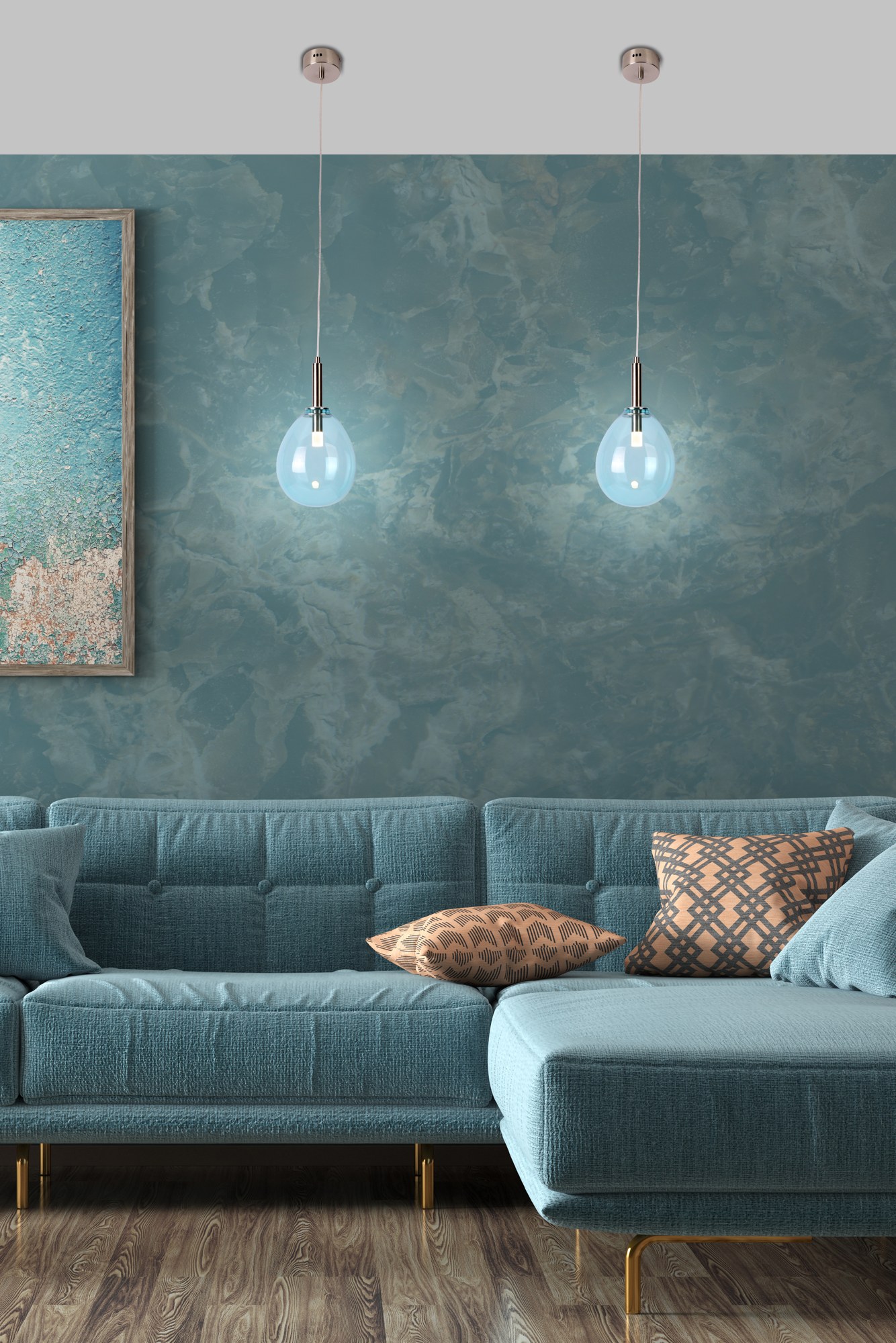 Suspension verre teinté rose ou bleu en forme de goutte, LED suspension verre teinté bleu en forme de goutte dans un salon avec canapé bleu canard