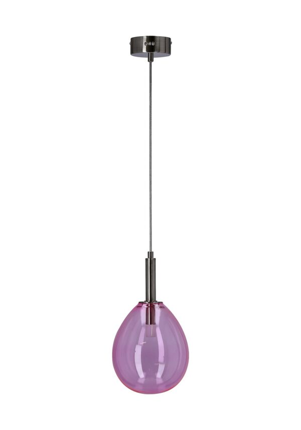 suspension verre teinté rose en forme de goutte, LED intégrée, sur fond blanc