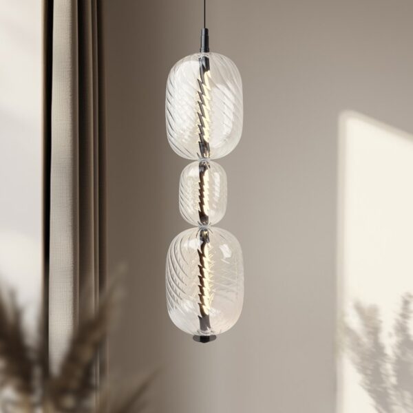 suspension verticale capsules verre gros plan dans un salon