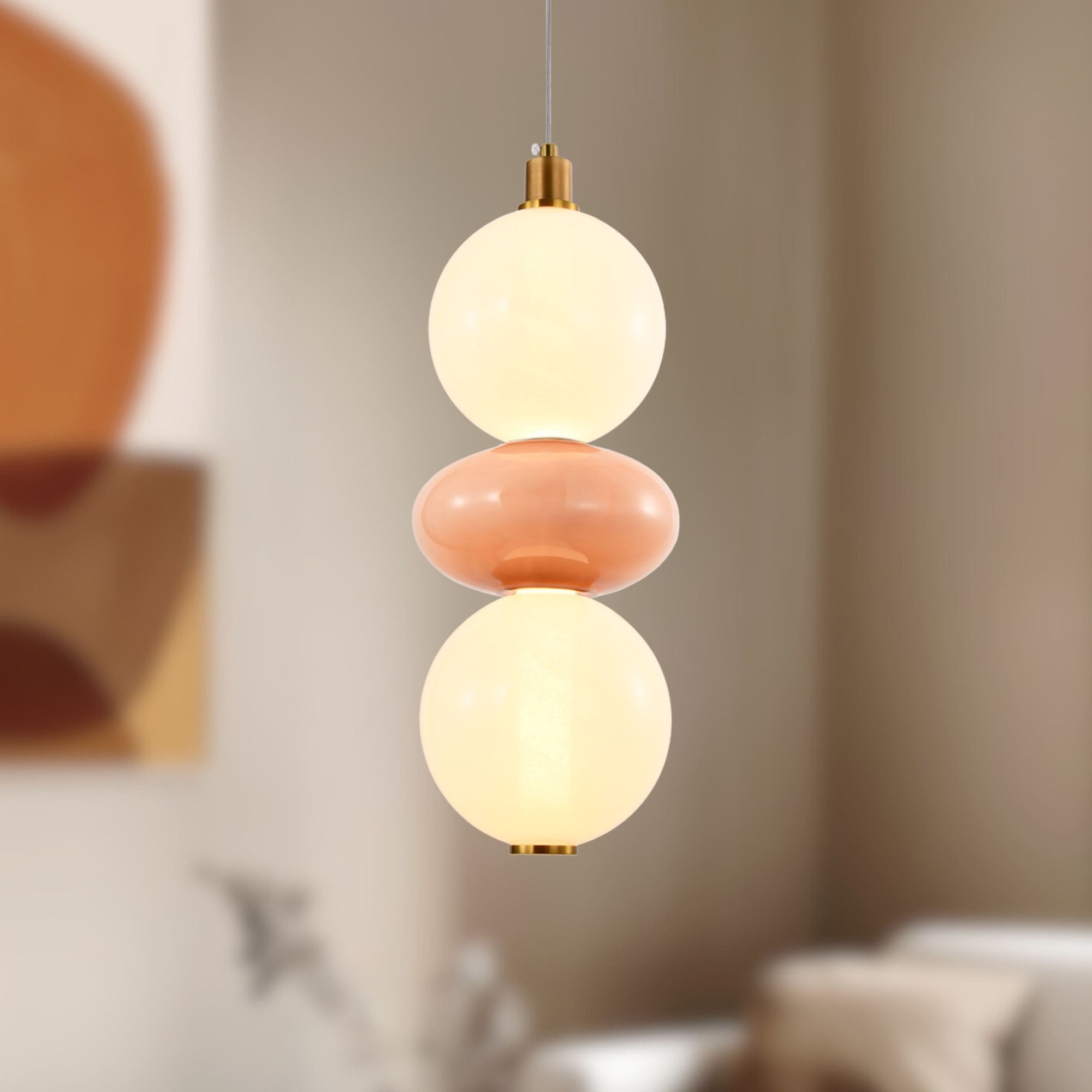 Suspension verticale globes opale et disques colorés, LED suspension verticale globes opale version 2 globes en gros plan