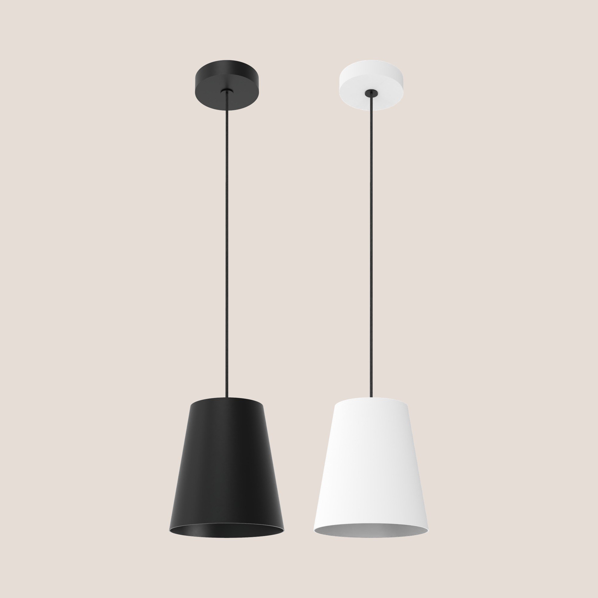 Suspension Astra en aluminium par Robin Lamps suspension Astra en noir mat et en blanc mat côte à côte sur fond beige