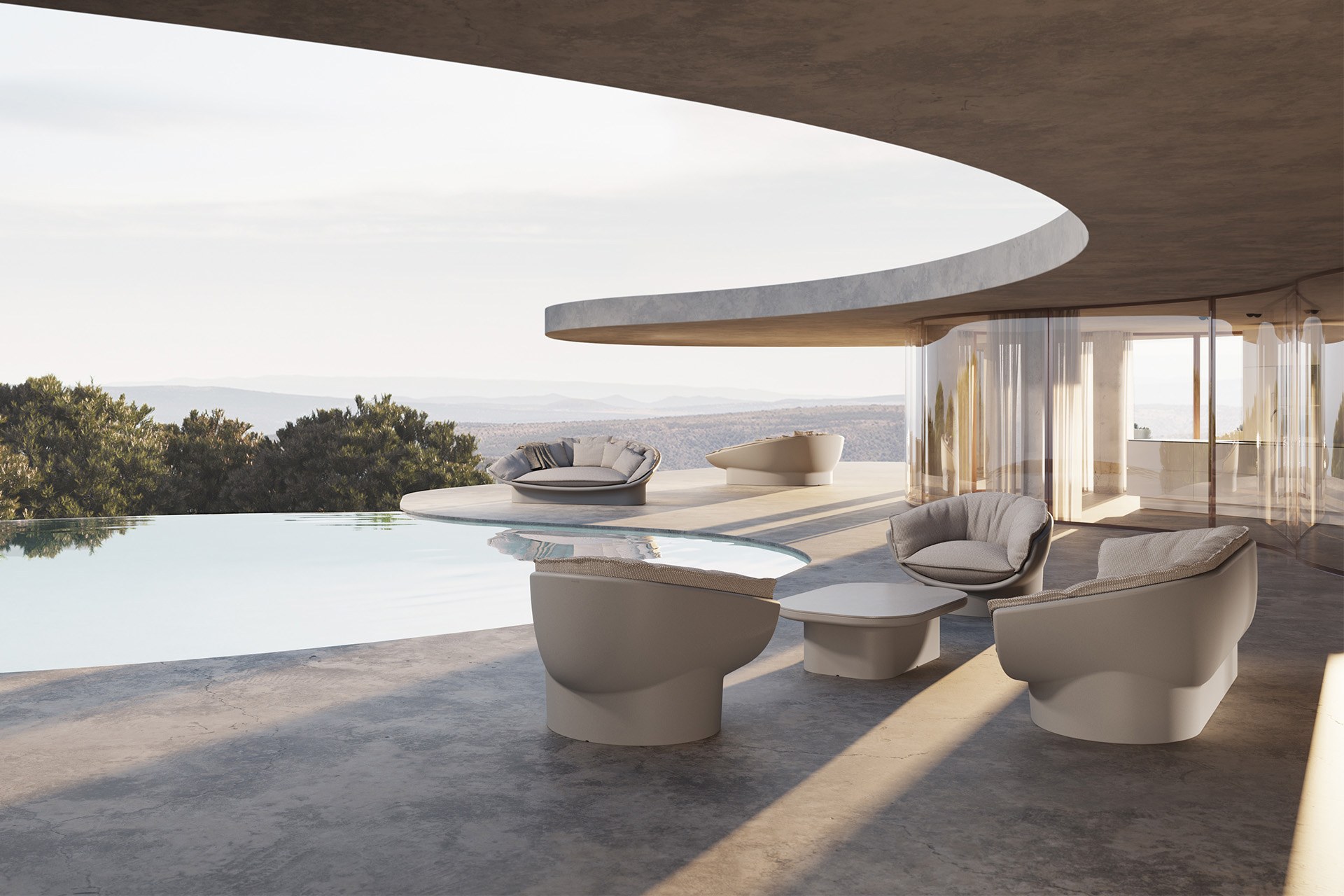 Table basse Luna avec ou sans rangement en polyéthylène au design contemporain par Ramón Esteve x Vondom table basse Luna Vondom en situation, photo d'ambiance