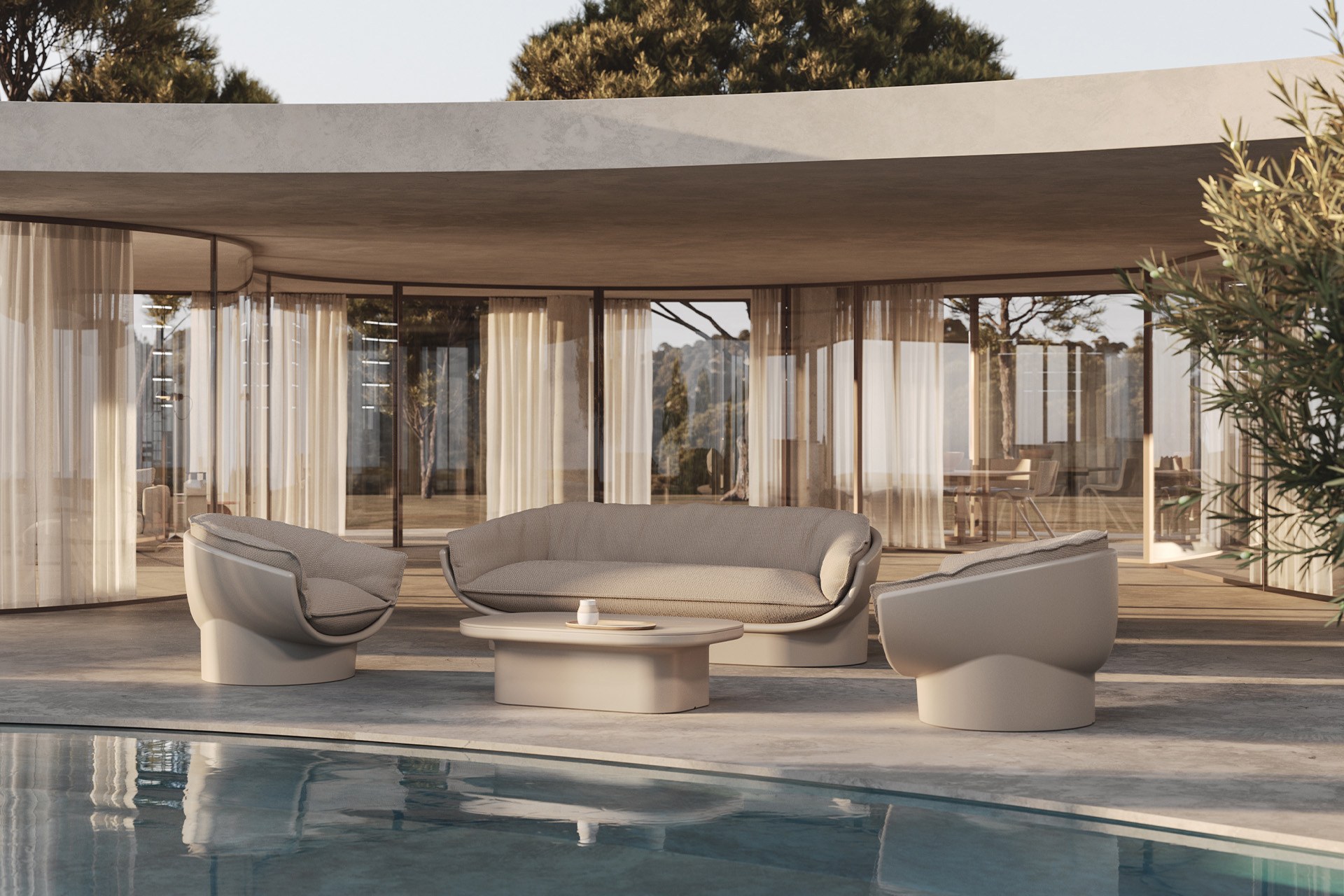 Table basse Luna avec ou sans rangement en polyéthylène au design contemporain par Ramón Esteve x Vondom table basse Luna Vondom en situation, photo d'ambiance