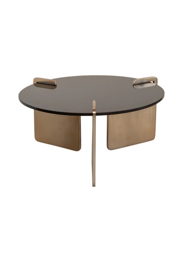 table basse verre Linn Urban Nature Culture, plateau en verre brun et pieds en métal or rose sur fond blanc