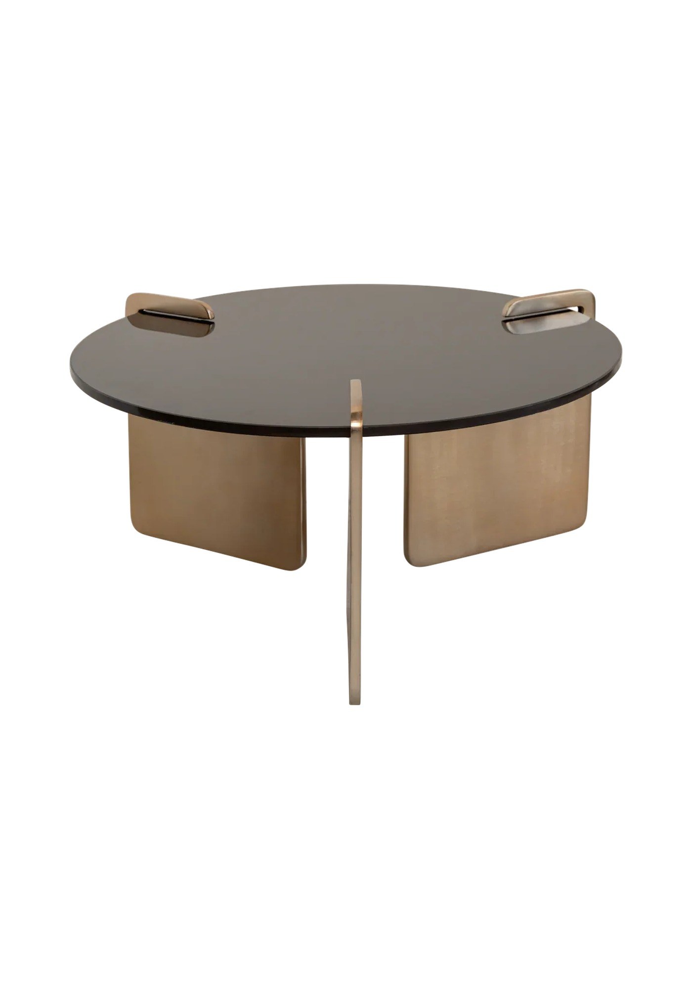 Table basse Linn par Urban Nature Culture, verre brun et métal table basse verre Linn Urban Nature Culture, plateau en verre brun et pieds en métal or rose sur fond blanc