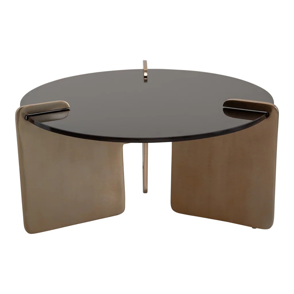 Table basse Linn par Urban Nature Culture, verre brun et métal table basse verre Linn Urban Nature Culture, vue de face sur fond blanc