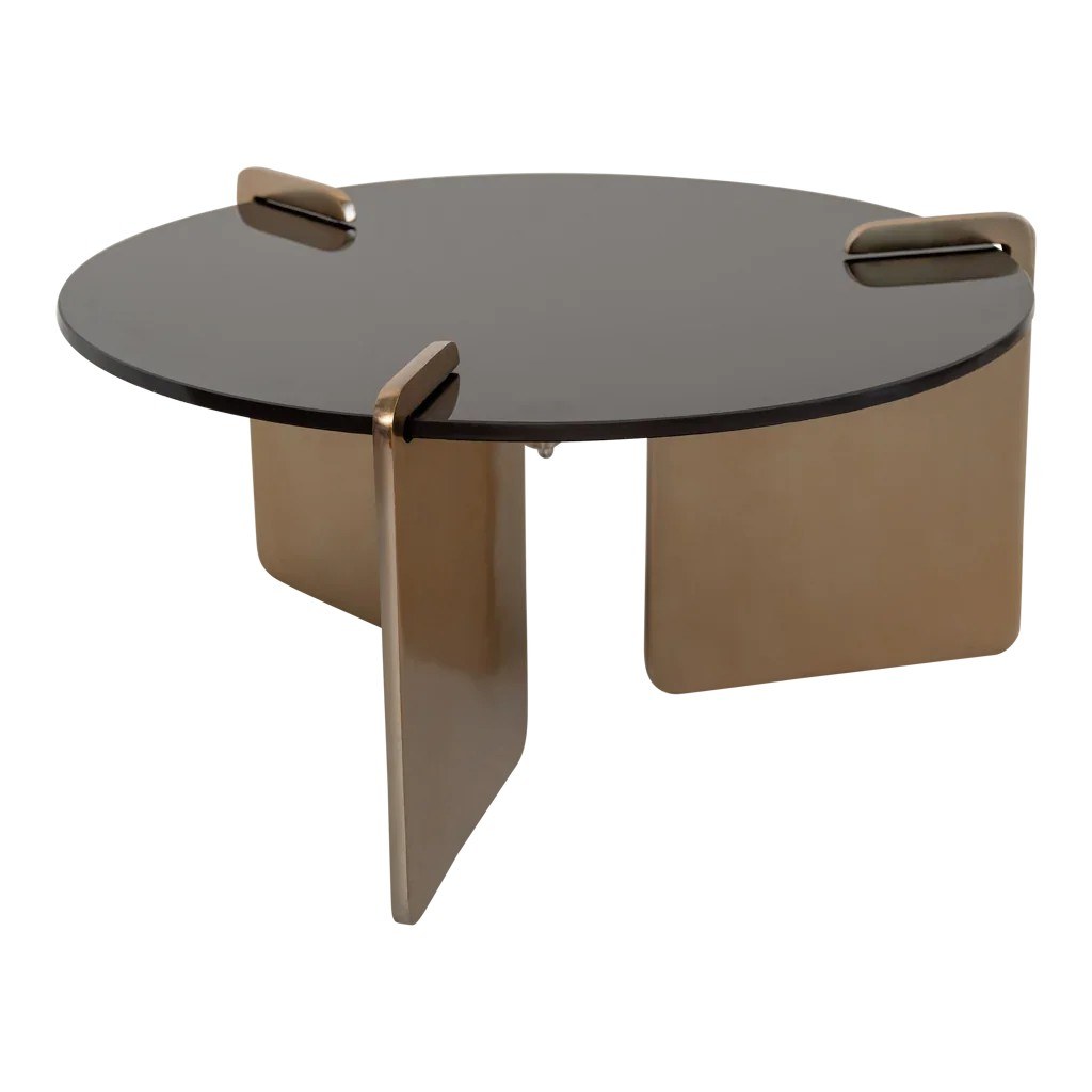 Table basse Linn par Urban Nature Culture, verre brun et métal table basse verre Linn Urban Nature Culture, vue de trois quarts sur fond blanc