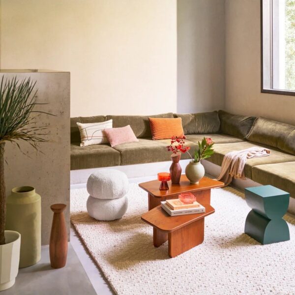 table d'appoint bois Corvo Urban Nature Culture, coloris vert laurier dans un salon avec une table basse en bois