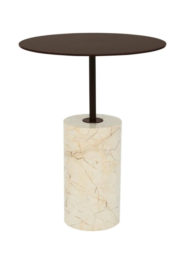 table d'appoint marbre Macy B Urban Nature Culture, socle marbre veiné et plateau métal brun rouge sur fond blanc