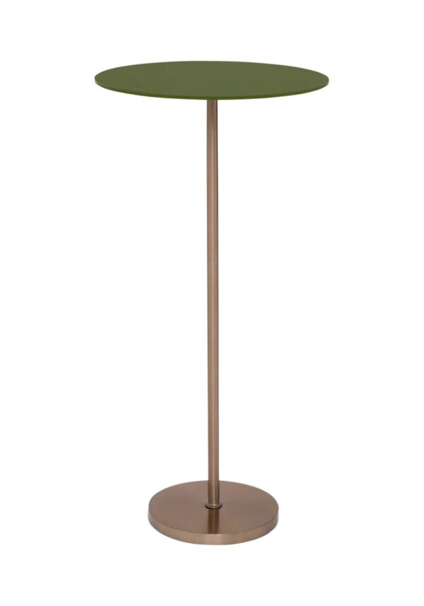 table d'appoint verre Nolan Urban Nature Culture, plateau rond en verre vert et pied en métal or rosé sur fond blanc