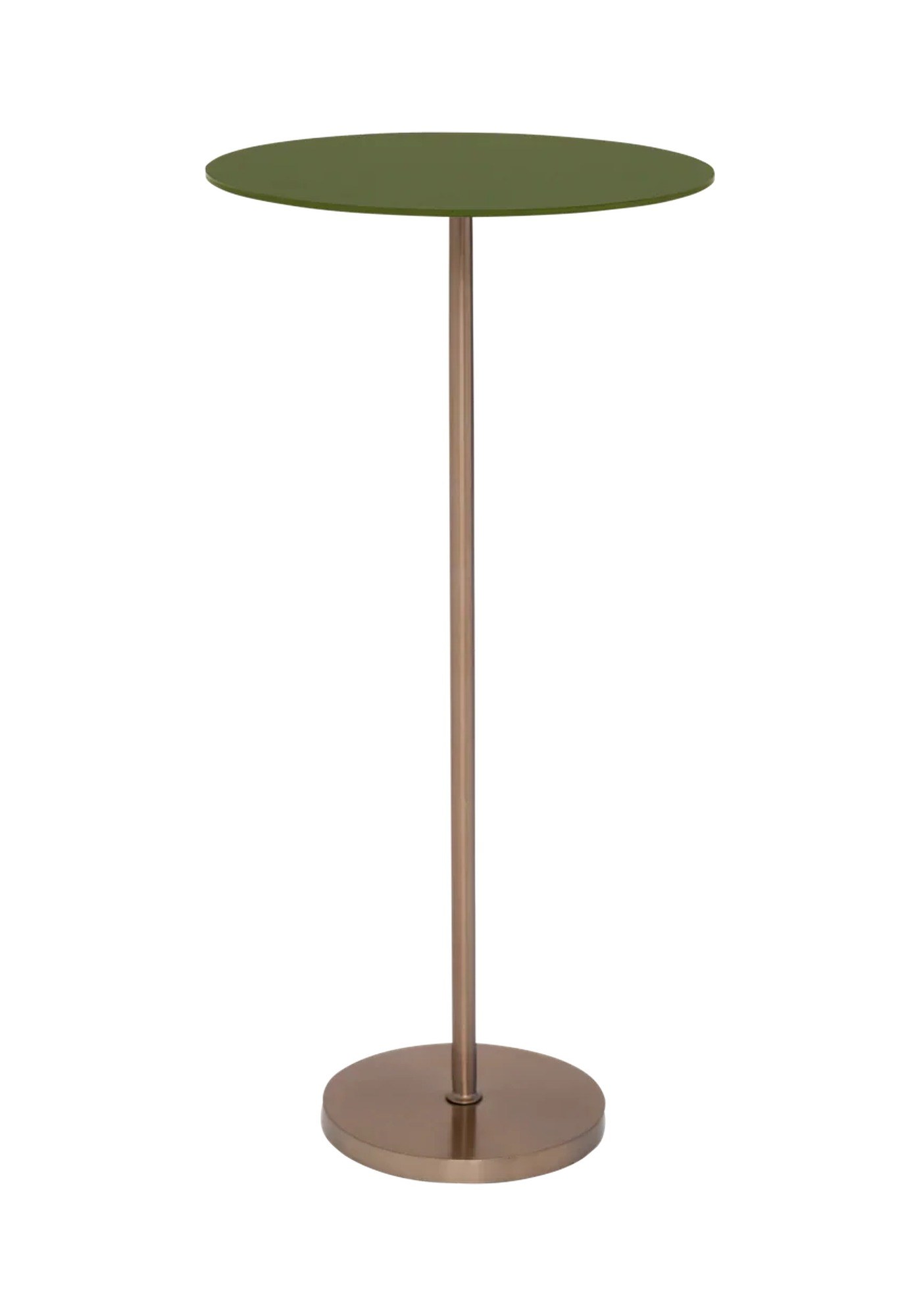Table d'appoint Nolan par Urban Nature Culture, verre vert et métal table d'appoint verre Nolan Urban Nature Culture, plateau rond en verre vert et pied en métal or rosé sur fond blanc