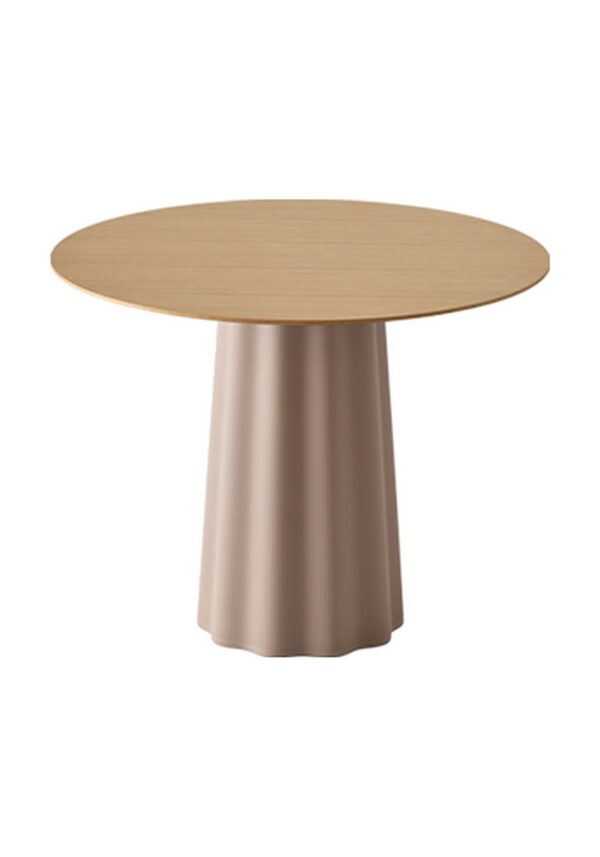 table restaurant Inclass Ondes à socle ondulé taupe et plateau chêne, fond blanc