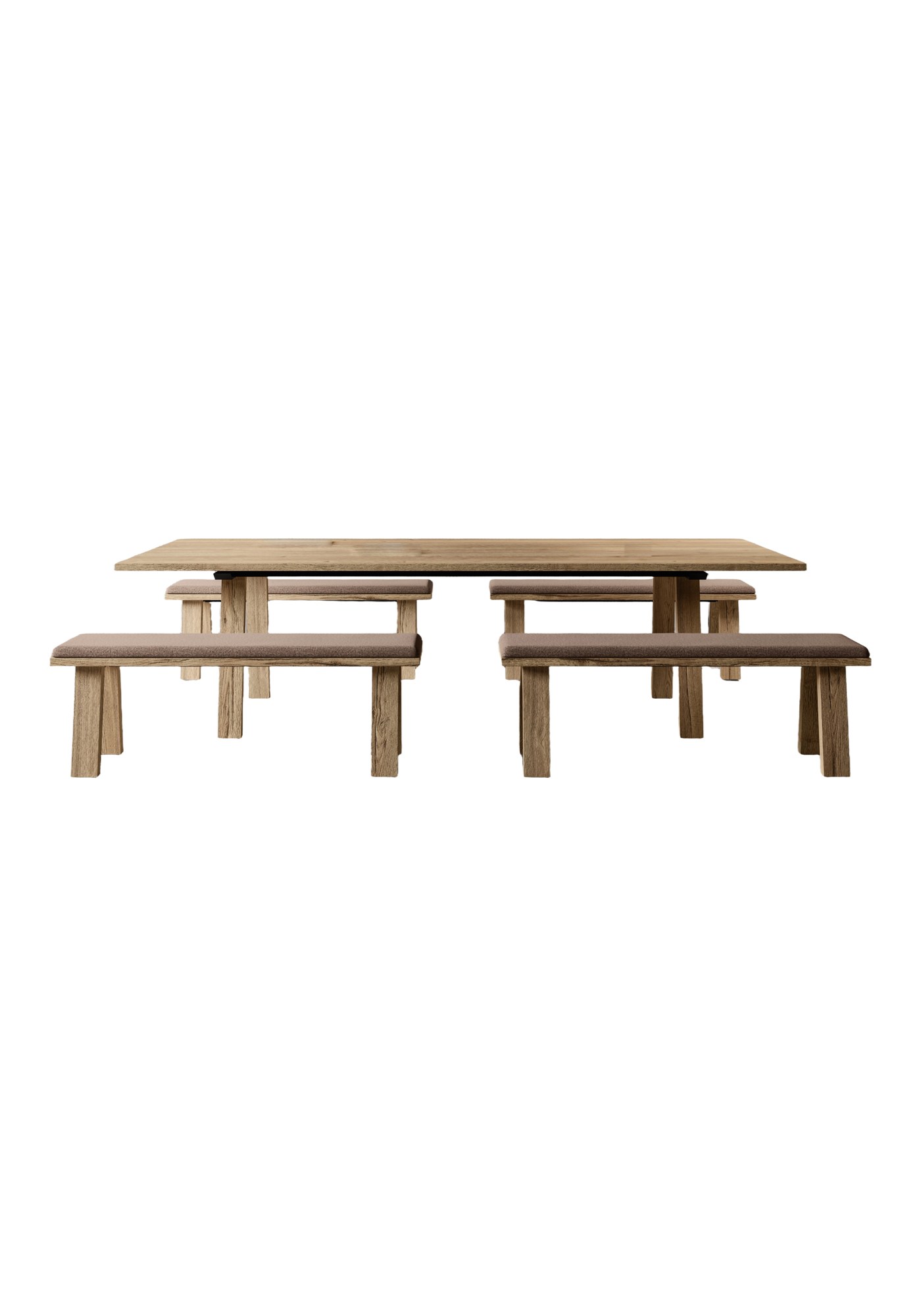 Table de réunion Farm par Bralco, chêne vieilli, 240 ou 276 cm table de réunion Farm Bralco en chêne vieilli entourée de banquettes à coussin, fond blanc