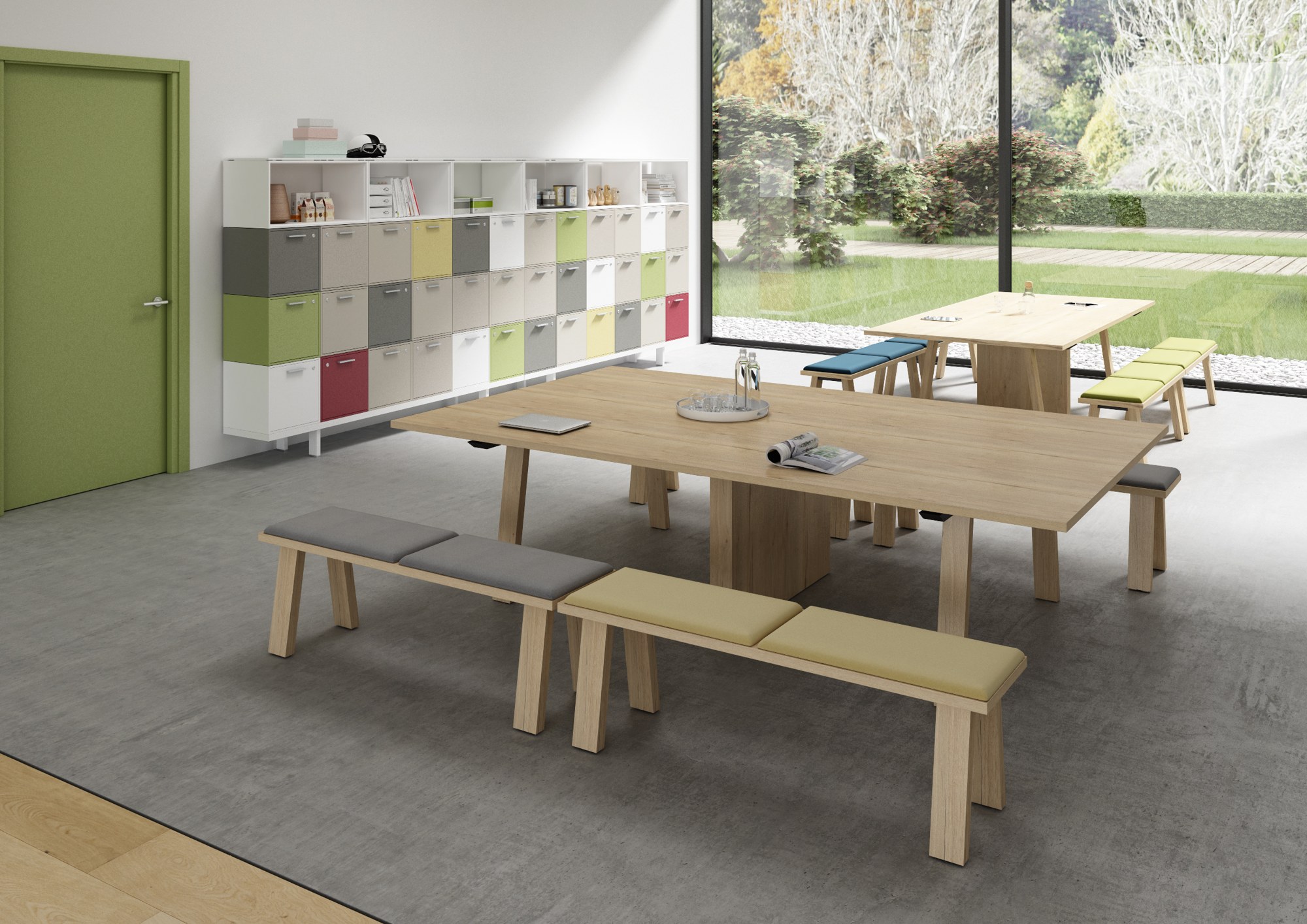 Table de réunion Farm par Bralco, chêne vieilli, 240 ou 276 cm table de réunion Farm Bralco et banquettes à coussins colorés dans un espace commun