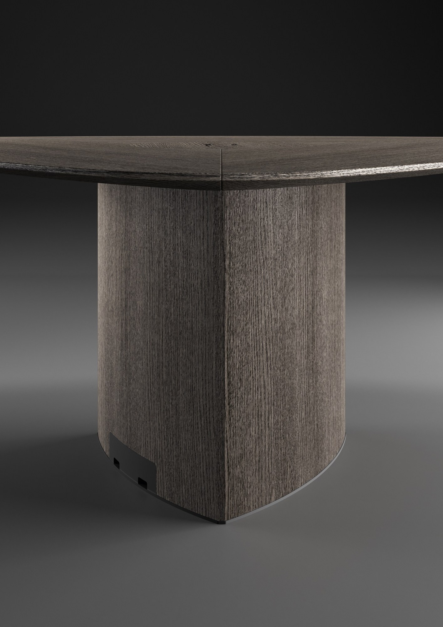 Table de réunion Trilo par Bralco, ronde, triangulaire ou tonneau table de réunion Trilo Bralco, détail de la colonne en chêne gris et de l'ouverture pour les câbles