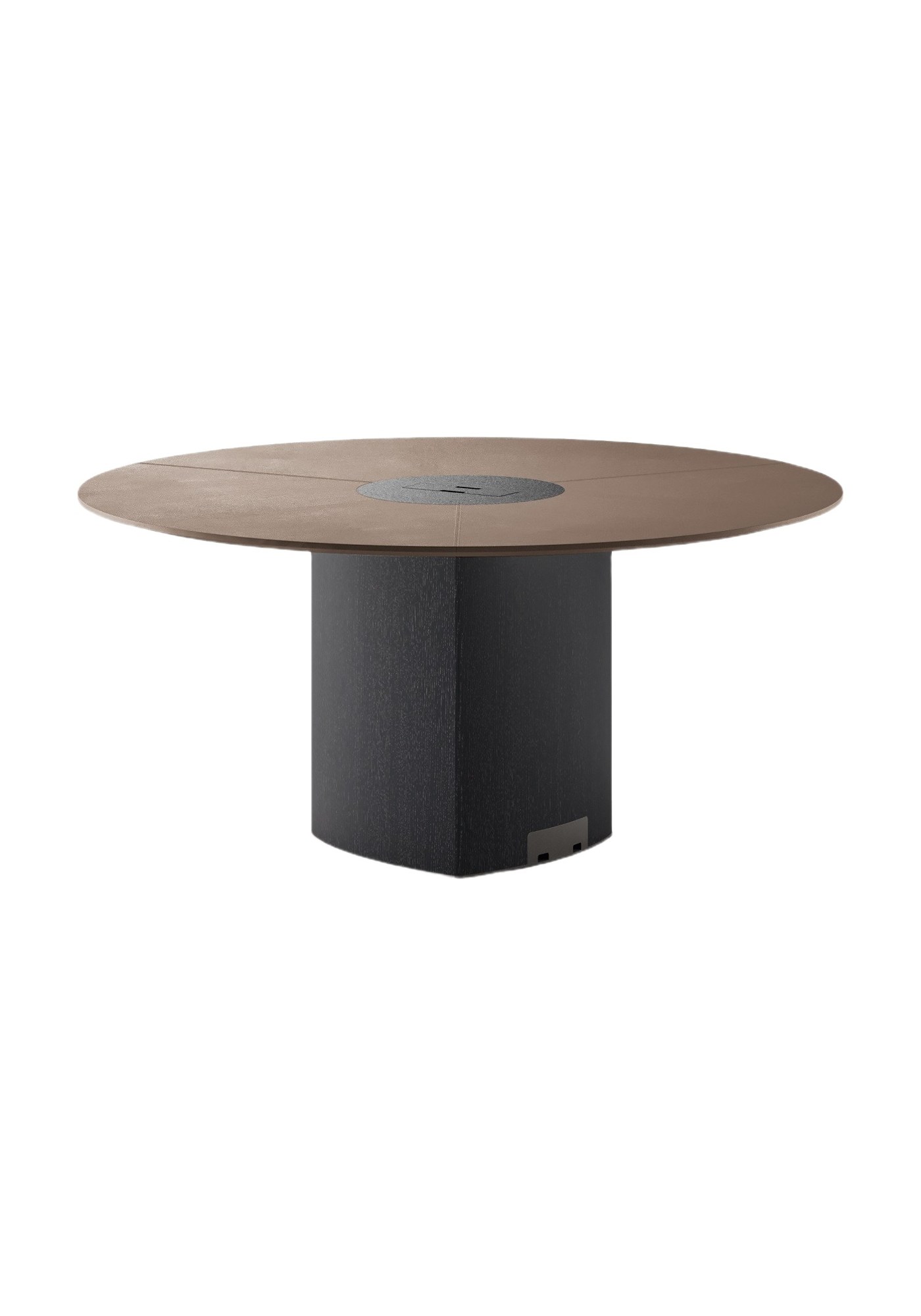 Table de réunion Trilo par Bralco, ronde, triangulaire ou tonneau table de réunion Trilo Bralco ronde à trois plateaux gainés de cuir sur colonne en chêne noir, fond blanc