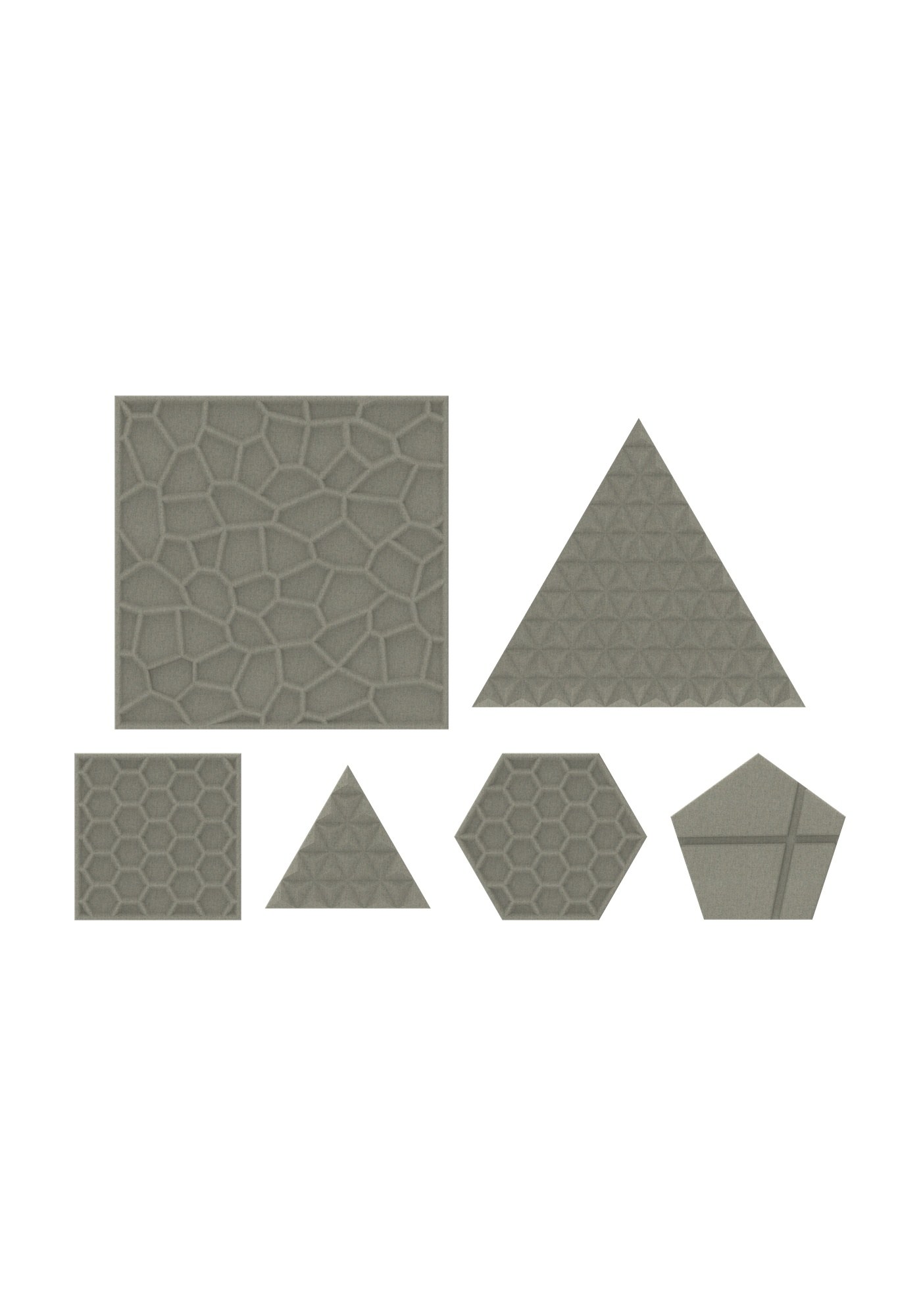 Tuile murale acoustique BuzziTile 3D par BuzziSpace tuile murale acoustique BuzziTile 3D, carrés, hexagone, pentagone et triangles à motifs en relief, fond blanc