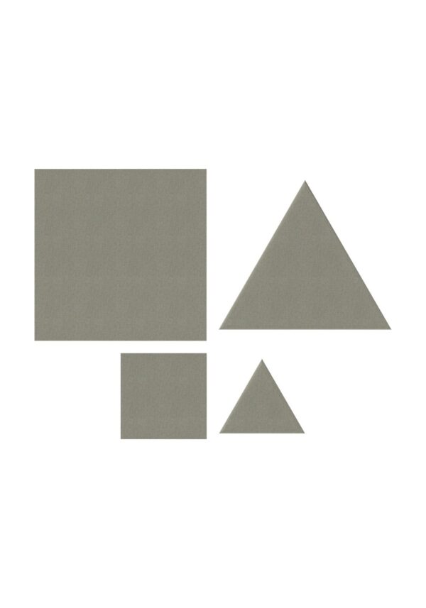 tuile murale acoustique BuzziTile Flat, carrés et triangles lisses en deux tailles, fond blanc