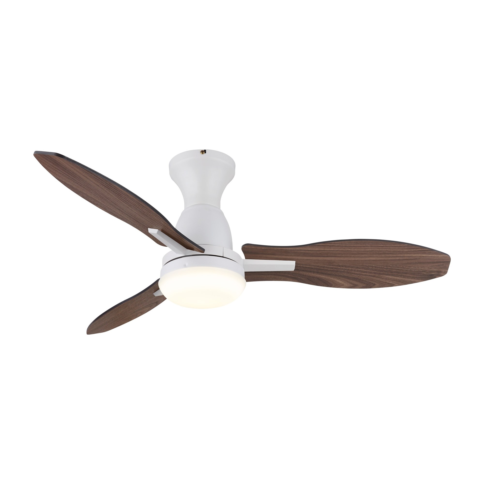 Ventilateur de plafond avec lumière LED et pales décor bois, Ø 107 cm ventilateur plafond 107 cm à trois pales décor bois foncé avec lumière LED, corps blanc mat, pales décor bois foncé, fond blanc