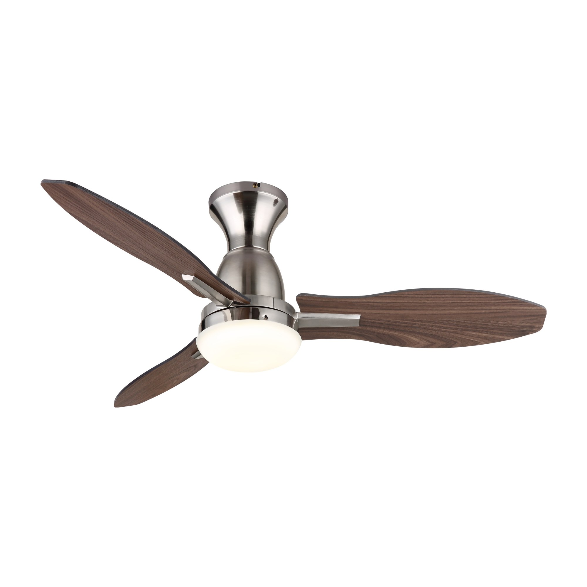 Ventilateur de plafond avec lumière LED et pales décor bois, Ø 107 cm ventilateur plafond 107 cm à trois pales décor bois foncé avec lumière LED, corps nickel mat, pales décor bois foncé, fond blanc