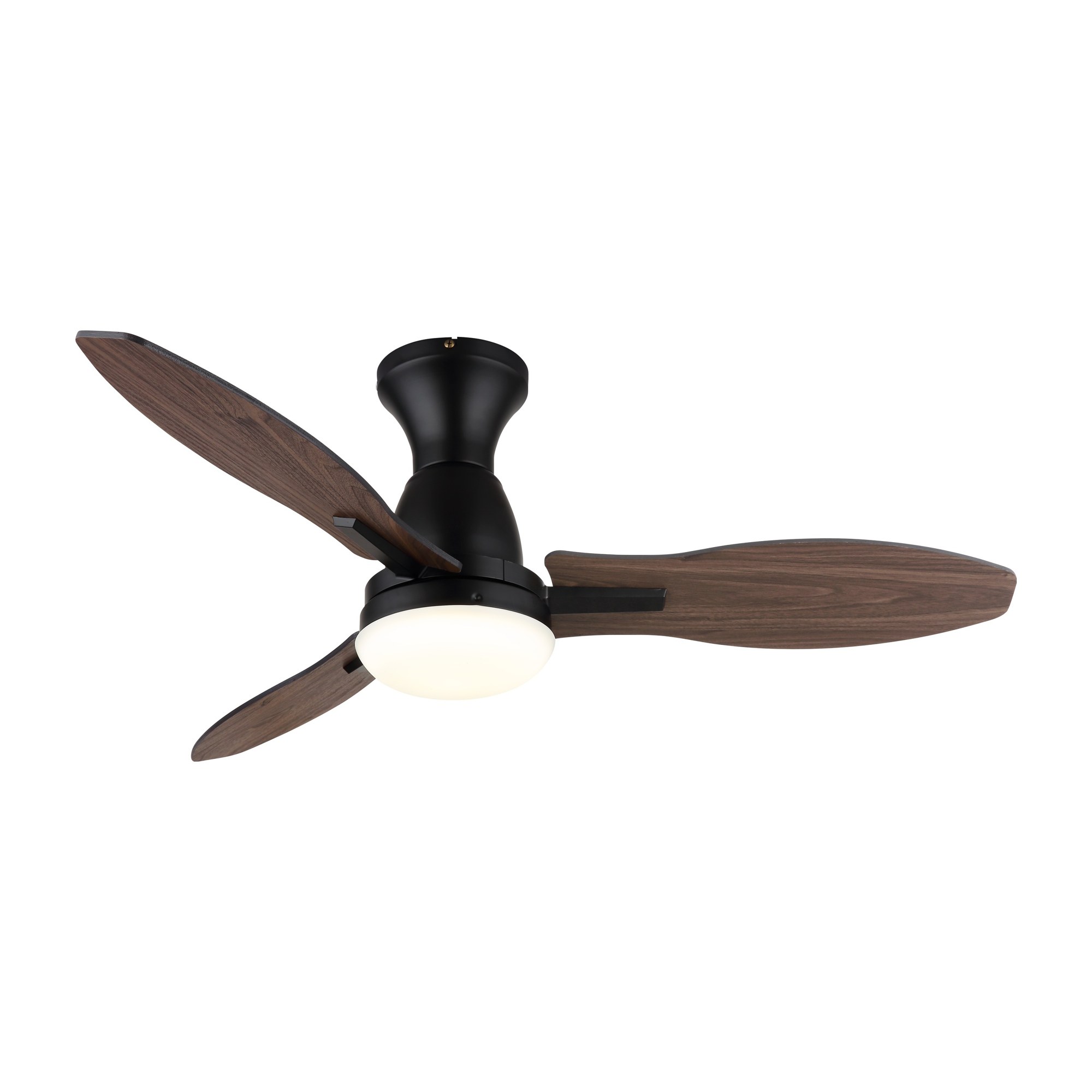 Ventilateur de plafond avec lumière LED et pales décor bois, Ø 107 cm ventilateur plafond 107 cm à trois pales décor bois foncé avec lumière LED, corps noir, pales décor bois foncé, fond blanc