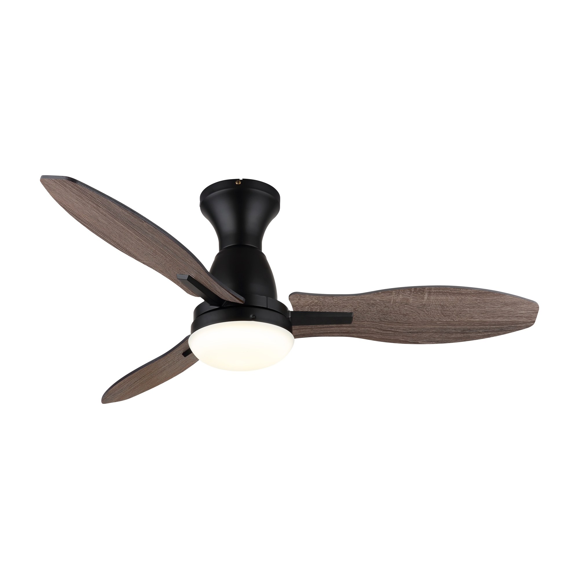 Ventilateur de plafond avec lumière LED et pales décor bois, Ø 107 cm ventilateur plafond 107 cm à trois pales décor bois foncé avec lumière LED, corps noir et pales vus de profil, fond blanc