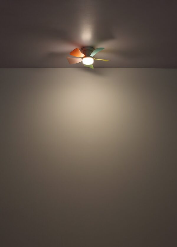 ventilateur plafond 40 cm version pales multicolores allumée au plafond