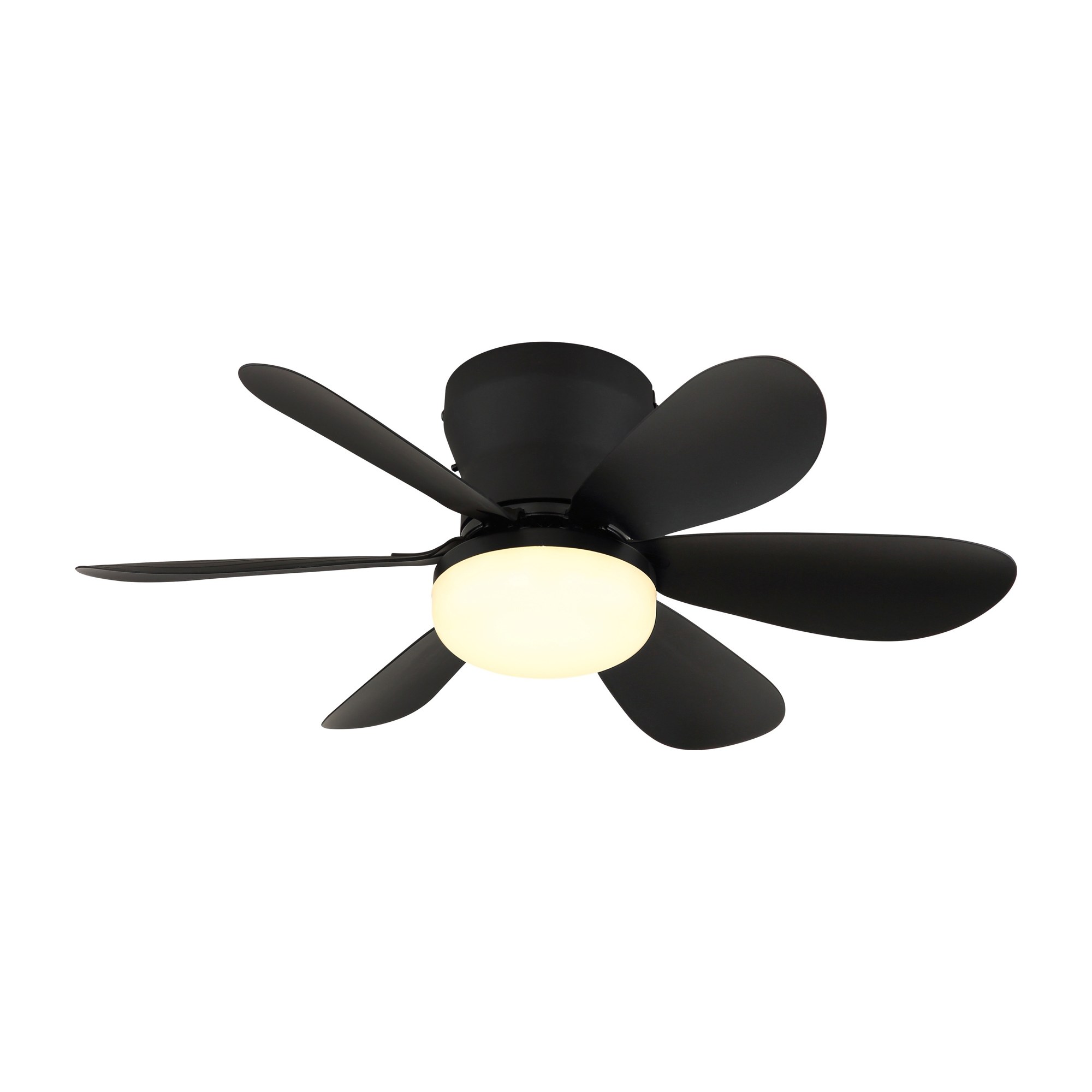 Ventilateur de plafond noir avec lumière LED et télécommande Ø 51 cm ventilateur plafond 51 cm noir à six pales avec lumière LED, lumière LED blanc chaud, fond blanc