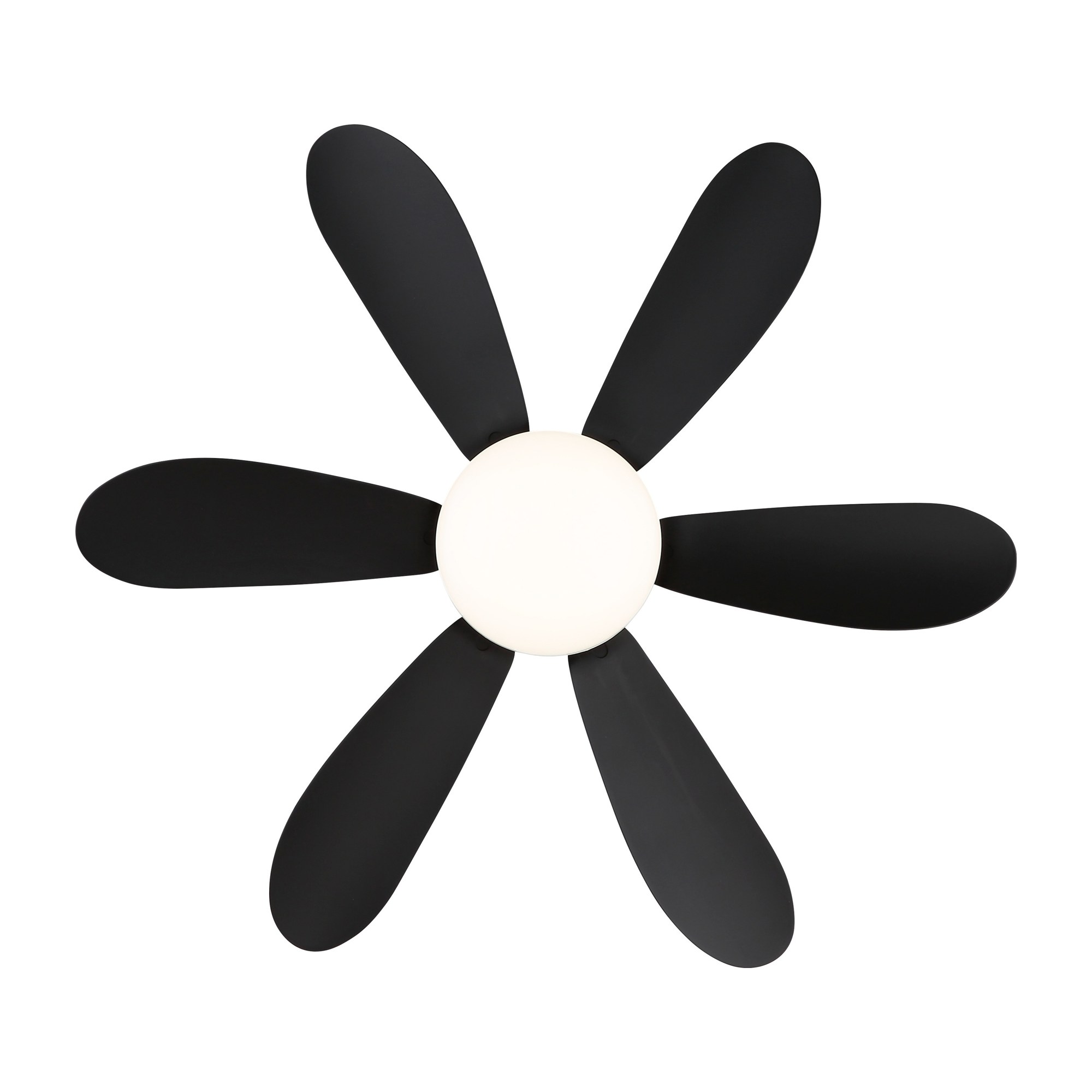 Ventilateur de plafond noir avec lumière LED et télécommande Ø 51 cm ventilateur plafond 51 cm noir à six pales avec lumière LED, vue de dessous