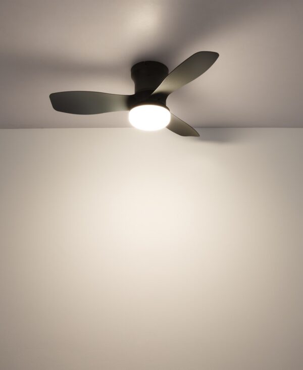ventilateur plafond 61 cm noir à trois pales avec lumière LED, allumé au plafond, lumière LED chaude