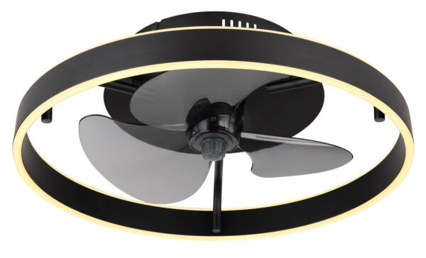 ventilateur plafond anneau lumineux allumé en blanc chaud