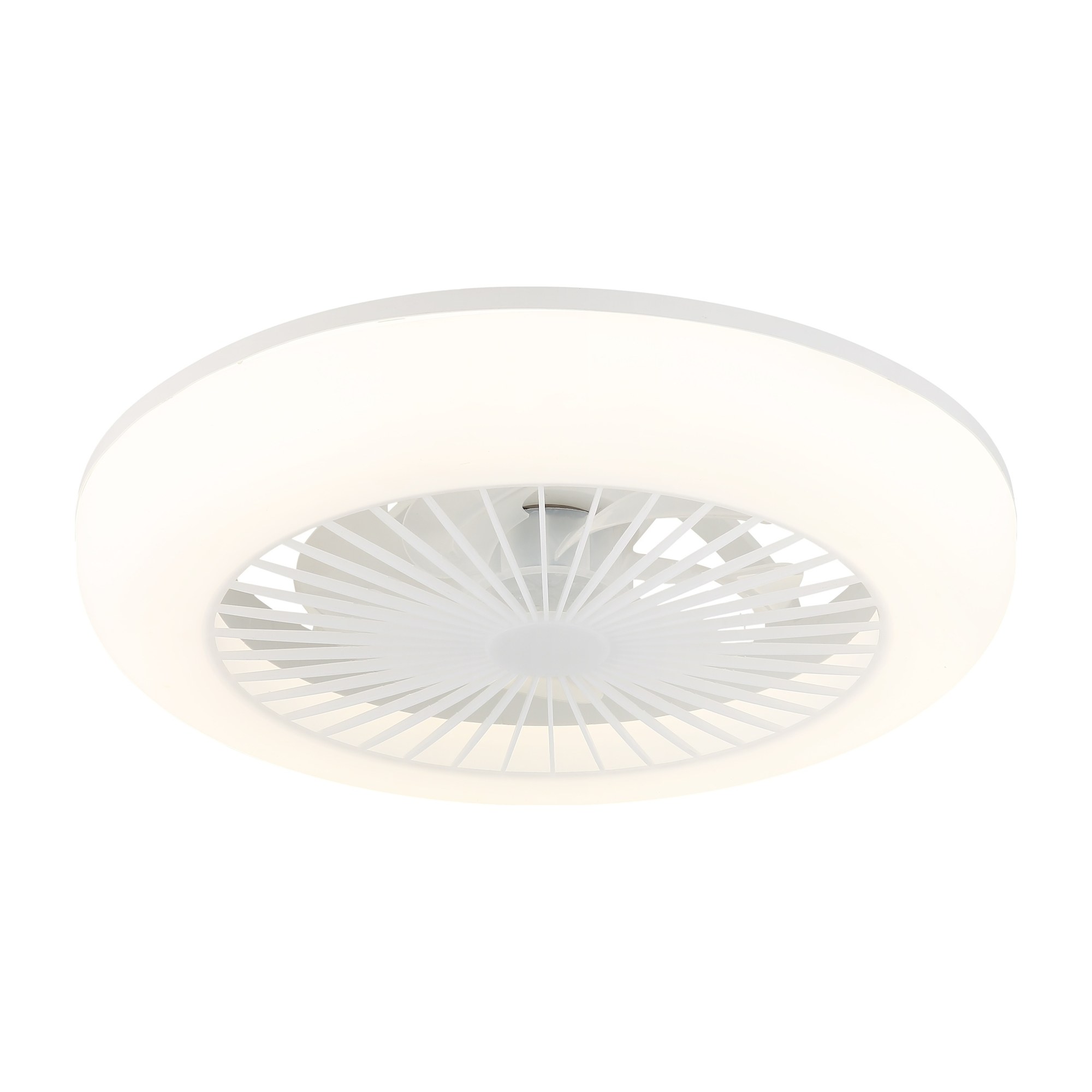 Ventilateur de plafond blanc avec lumière LED et télécommande Ø 45 cm ventilateur plafond avec télécommande blanc en forme de plafonnier rond avec lumière LED, vue de face sur fond blanc