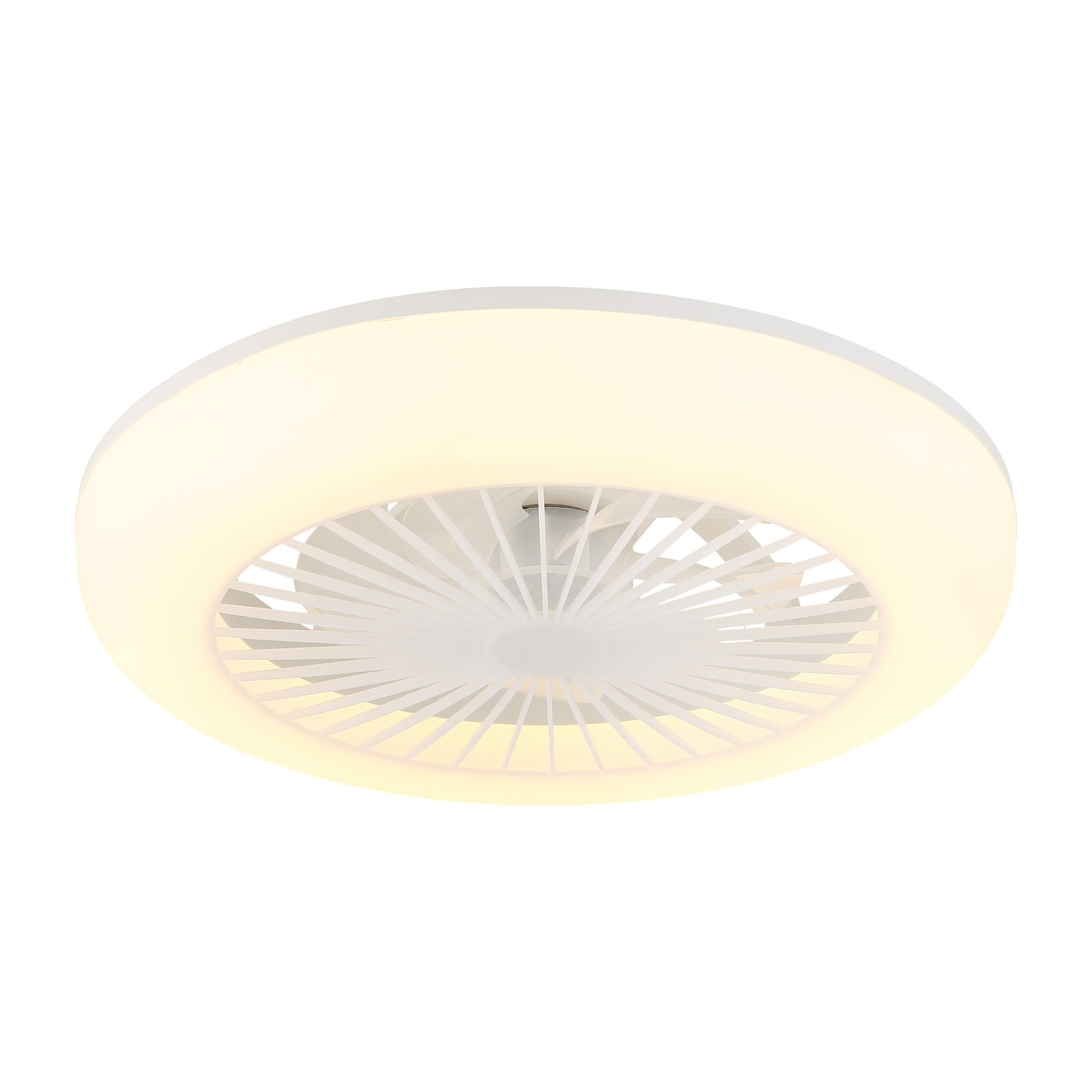 Ventilateur de plafond blanc avec lumière LED et télécommande Ø 45 cm ventilateur plafond avec télécommande blanc en forme de plafonnier rond avec lumière LED, lumière LED blanc chaud, fond blanc