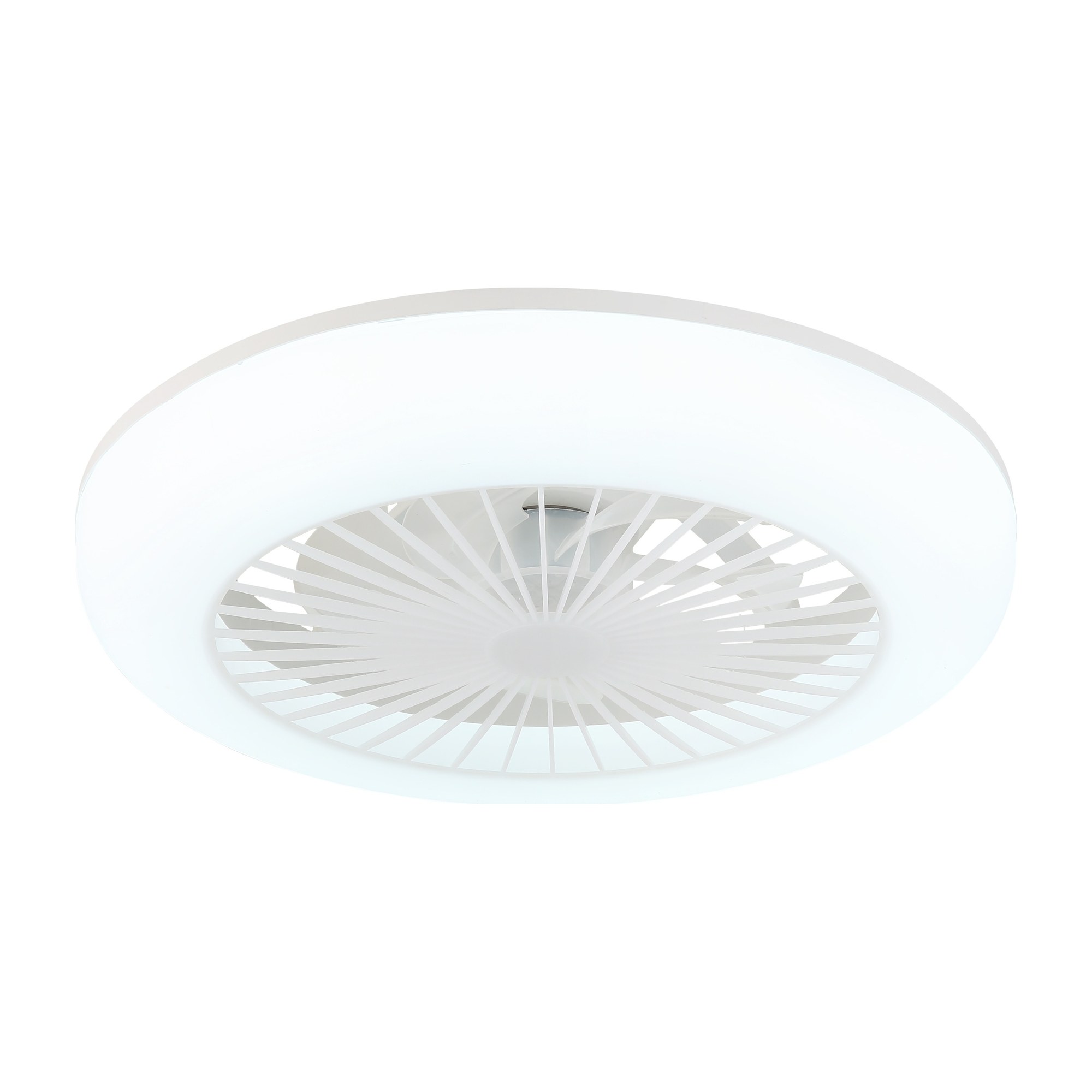 Ventilateur de plafond blanc avec lumière LED et télécommande Ø 45 cm ventilateur plafond avec télécommande blanc en forme de plafonnier rond avec lumière LED, lumière LED blanc du jour, fond blanc