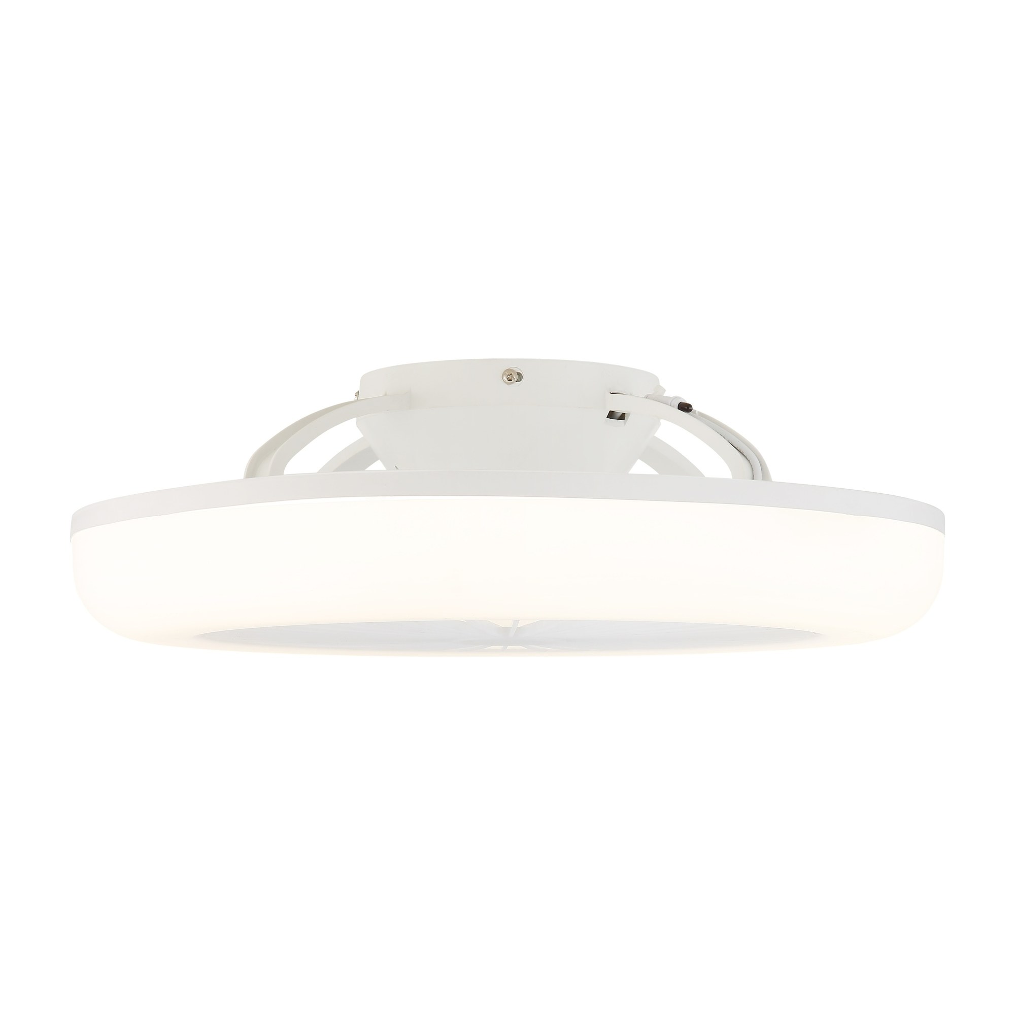 Ventilateur de plafond blanc avec lumière LED et télécommande Ø 45 cm ventilateur plafond avec télécommande blanc en forme de plafonnier rond avec lumière LED, vue de profil, hauteur 14 cm, fond blanc