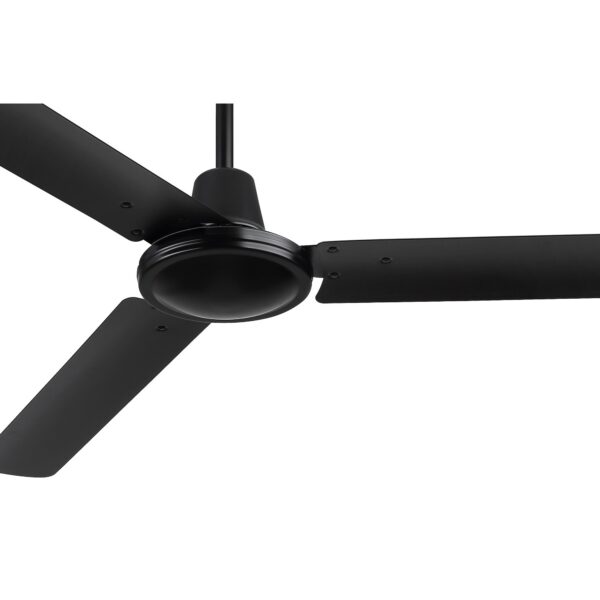 ventilateur plafond noir sans lumière, détail du moteur et des pales en métal noir mat, fond blanc