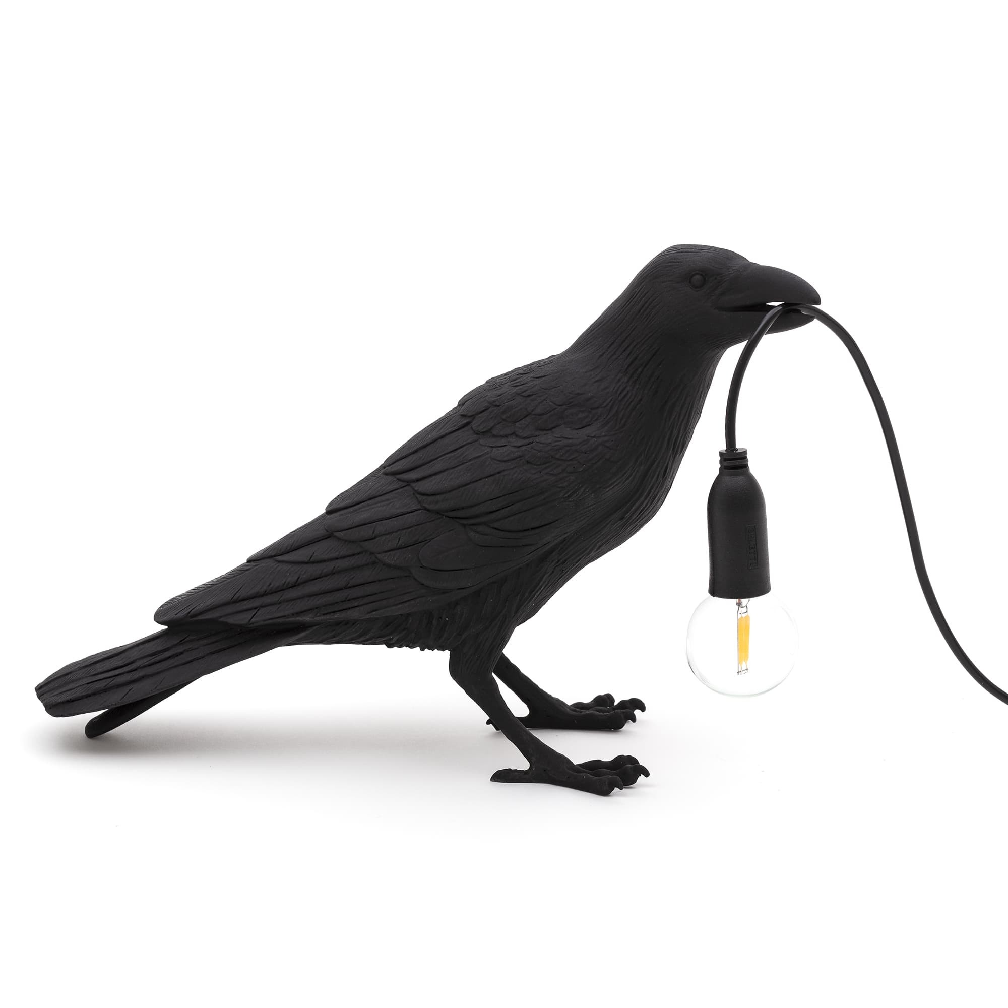 Lampe à poser Bird Lamp Waiting en forme d'oiseau en résine noir par Seletti