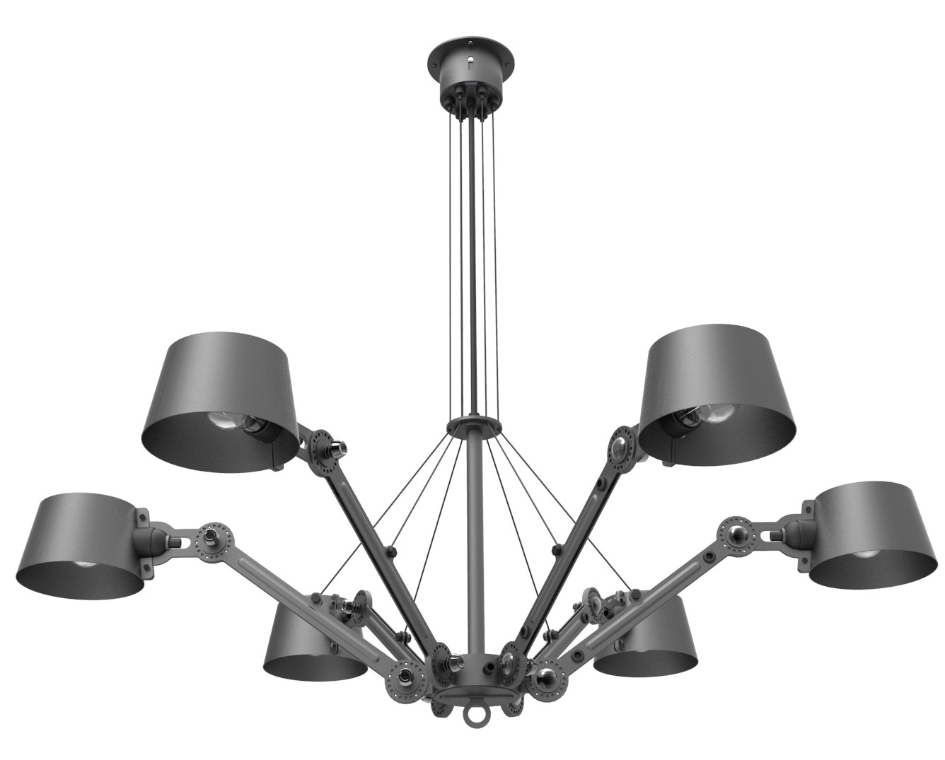 Chandelier Bolt avec 6 bras articulés au design industriel par Anton de Groof X Tonone
