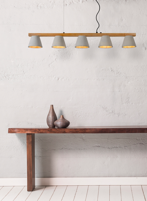Suspension 5 lumières Mandre en bois et béton au design scandinave