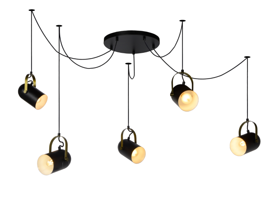 Suspension 5 lumières Swatt noire en métal au design rétro industriel