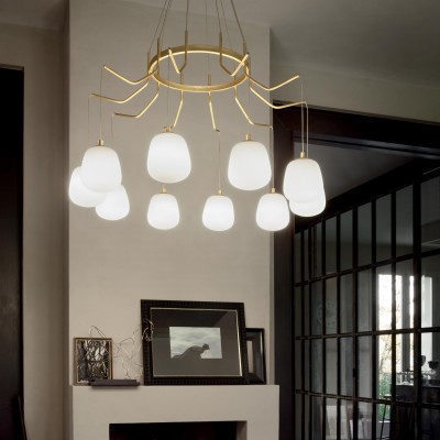 Suspension Champs Elysées 10 lampes avec abat-jour en verre au design chic Suspension Champs Elysées 10 lampes avec abat-jour en verre au design chic