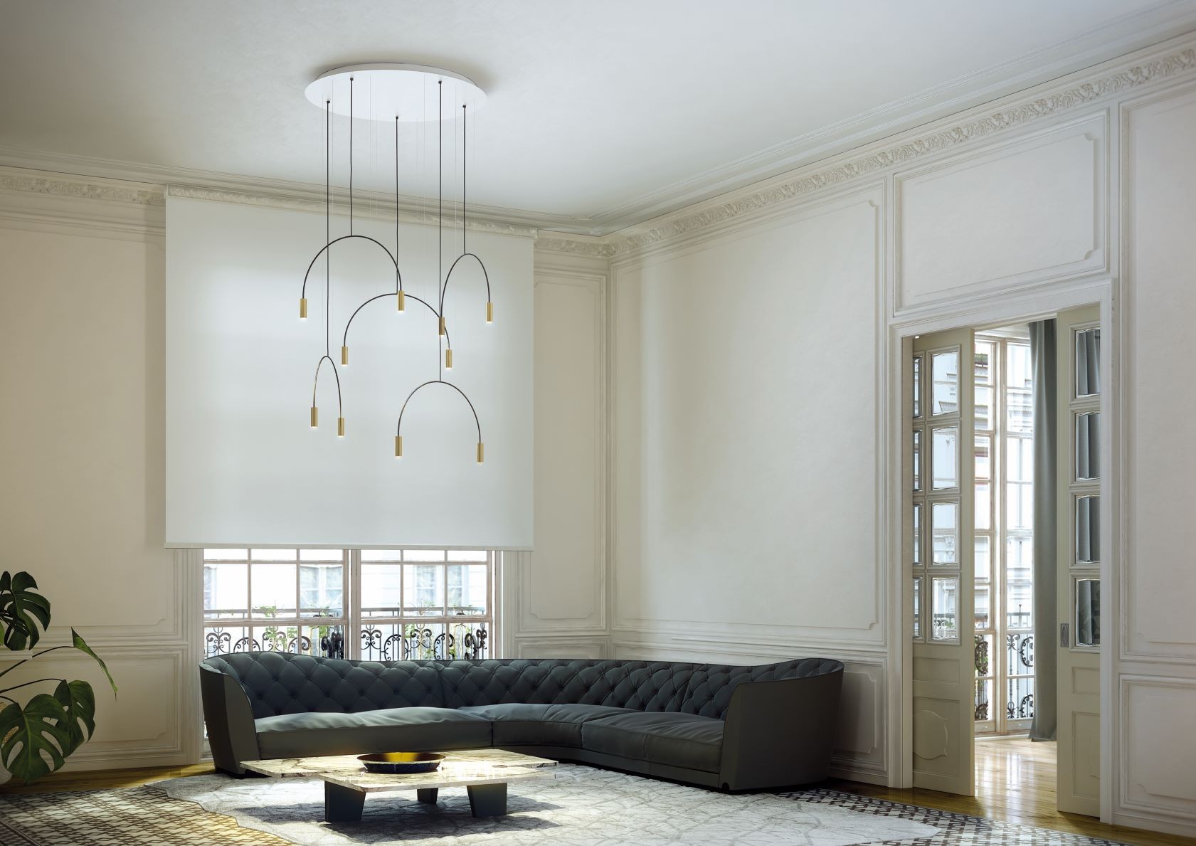 Suspension LED en aluminium - Pavillon rond - 5 arceaux - 10 lumières - Volta par Estiluz