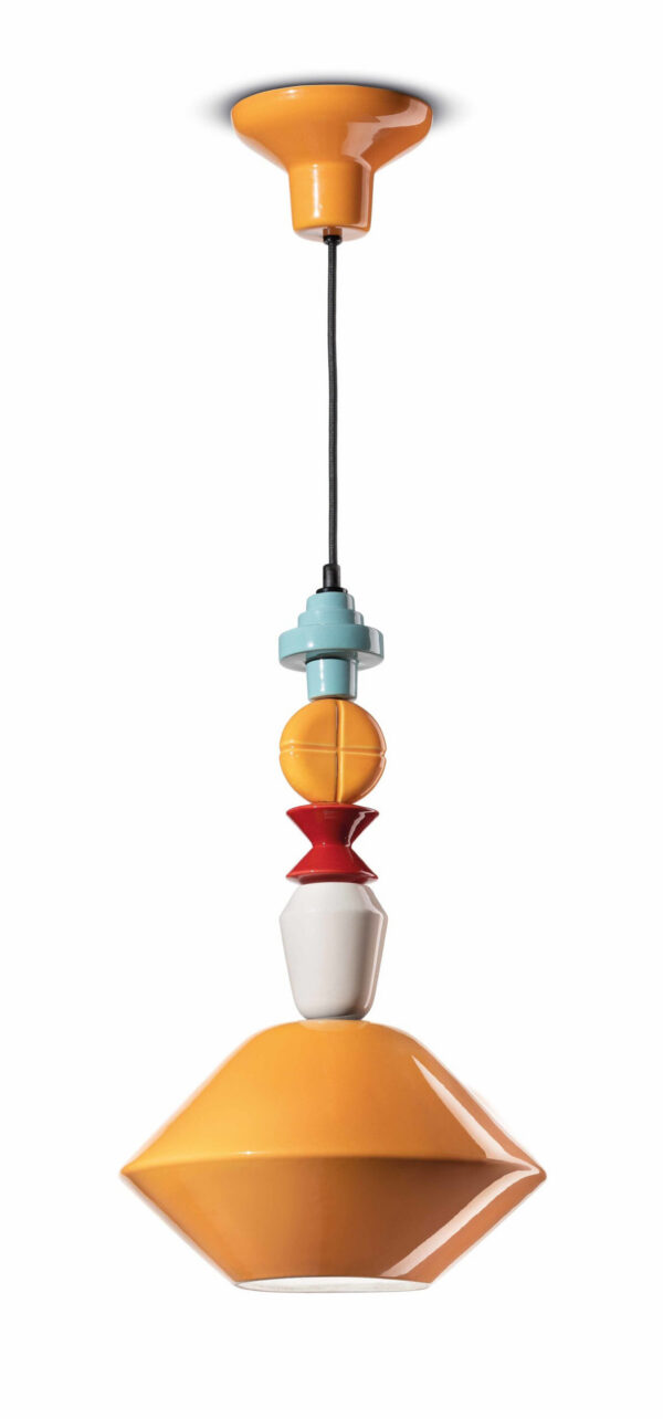 Suspension ludique LARIAT 3 tailles avec diffuseur losange vert ou jaune en céramique par Ferroluce