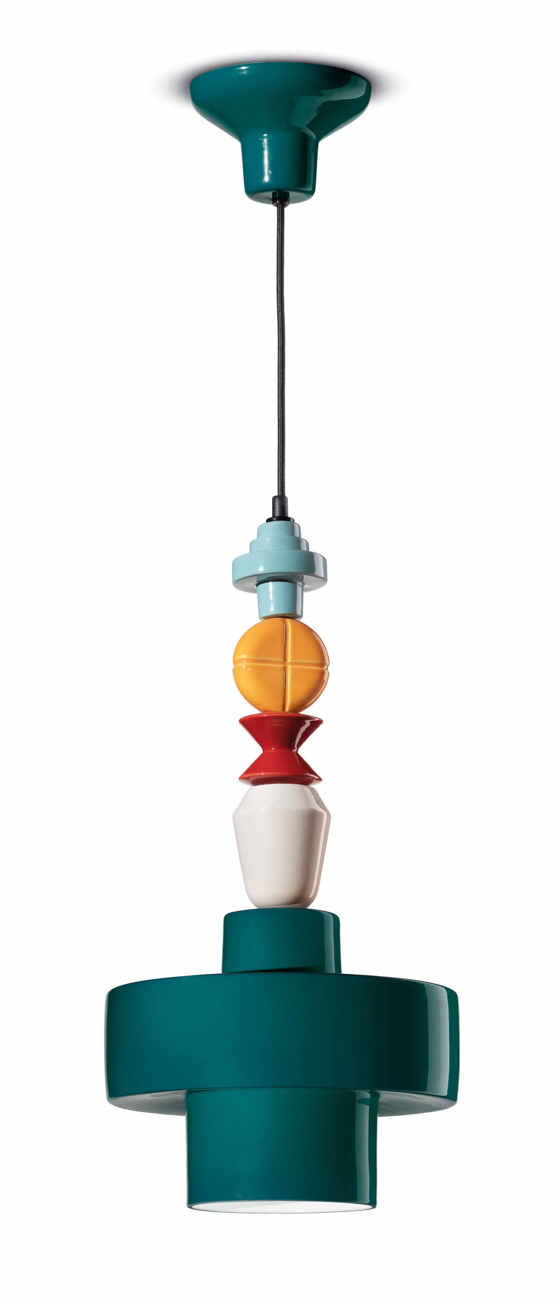 Suspension ludique LARIAT 3 tailles avec diffuseur cylindrique vert ou jaune en céramique par Ferroluce
