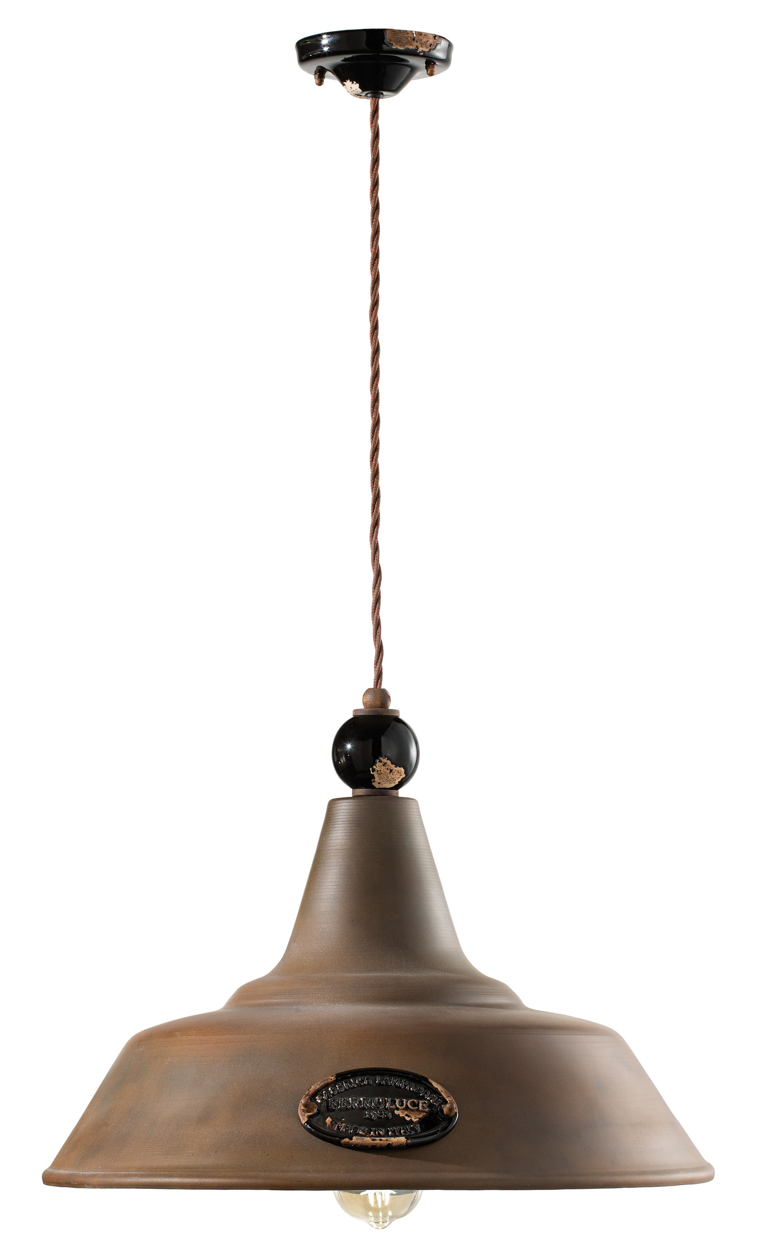 Suspension Grunge industrielle en métal cuivré et céramique colorée par Ferroluce