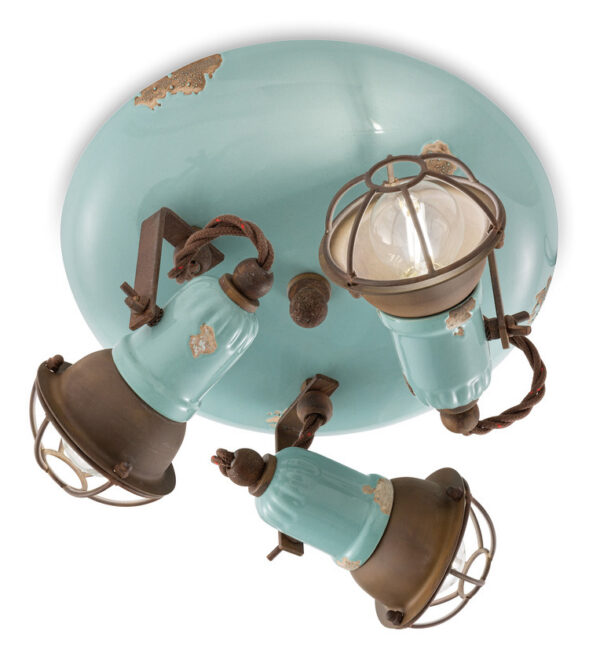 Plafonnier Loft spots doubles en céramique et métal vieilli avec grille par Ferroluce