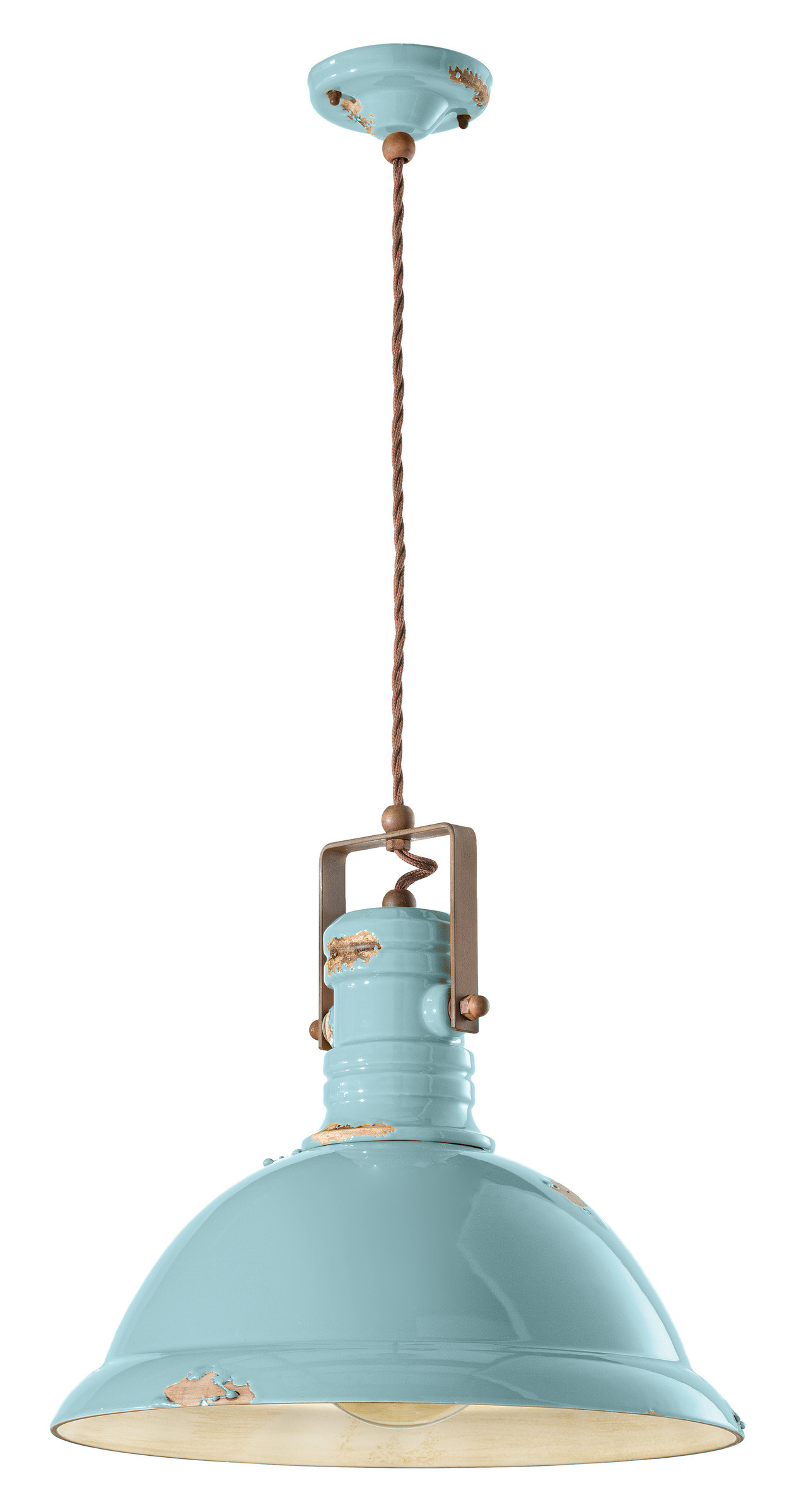 Suspension Industrial en céramique émaillée et laiton vieilli par Ferroluce