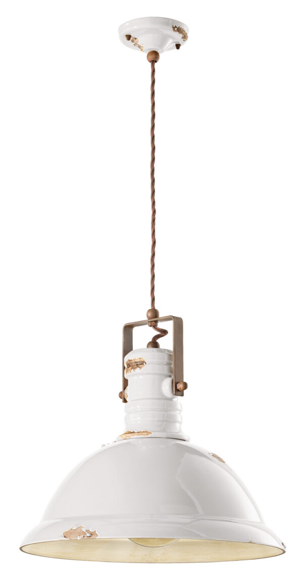 Suspension Industrial en céramique émaillée et laiton vieilli par Ferroluce