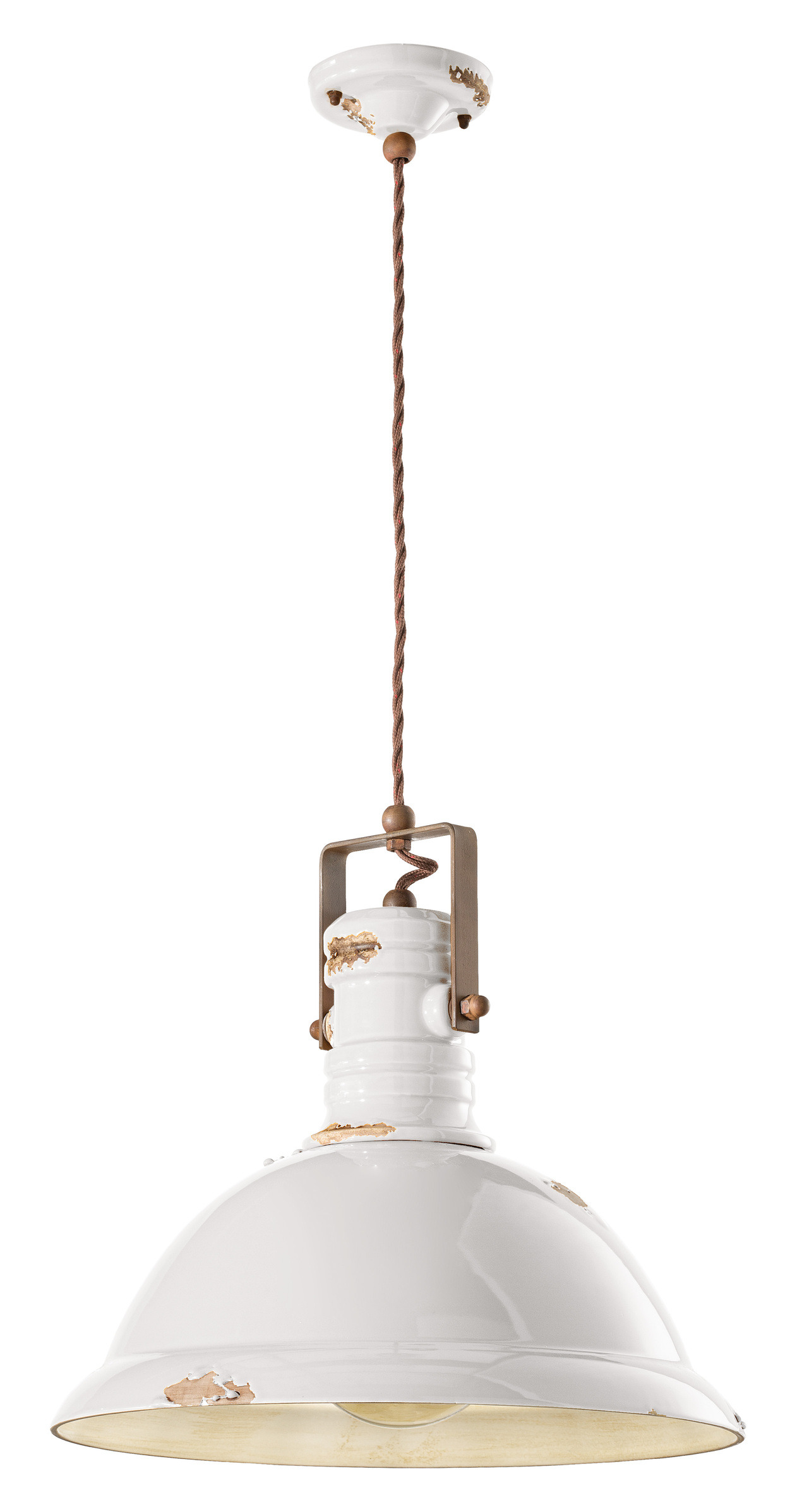 Suspension Industrial en céramique émaillée et laiton vieilli par Ferroluce