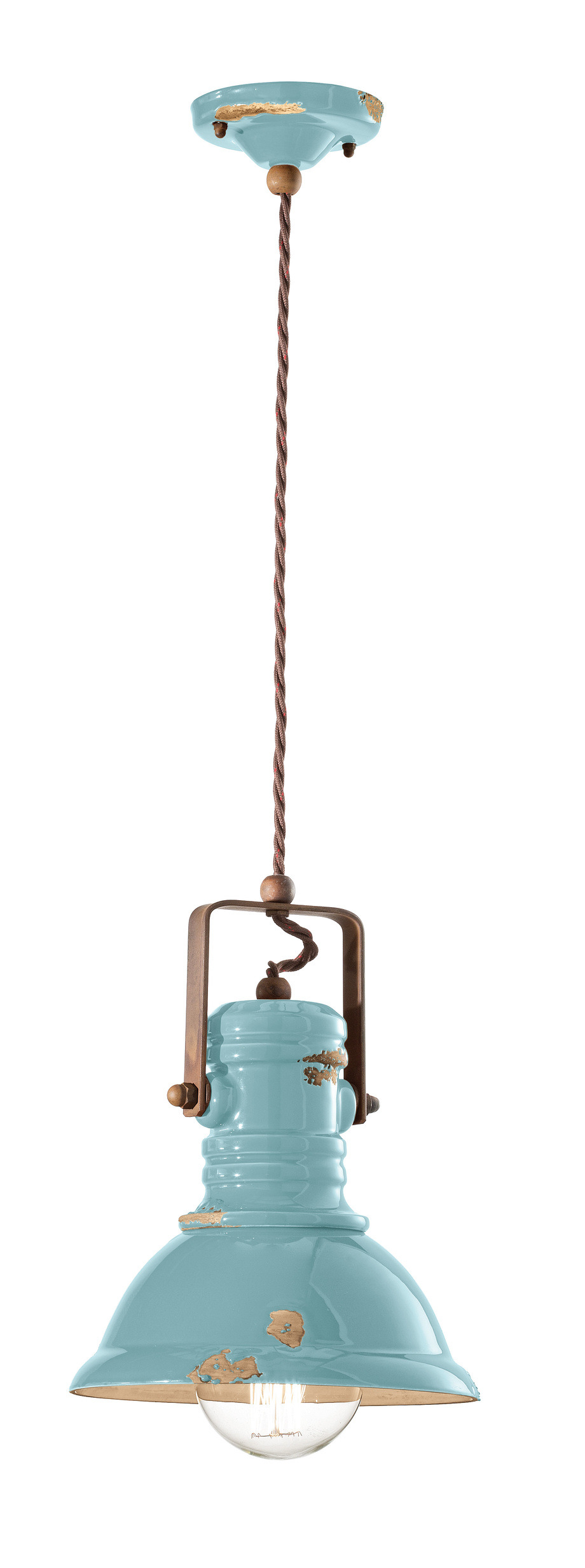 Suspension Industrial cloche en céramique émaillée et métal vieilli par Ferroluce